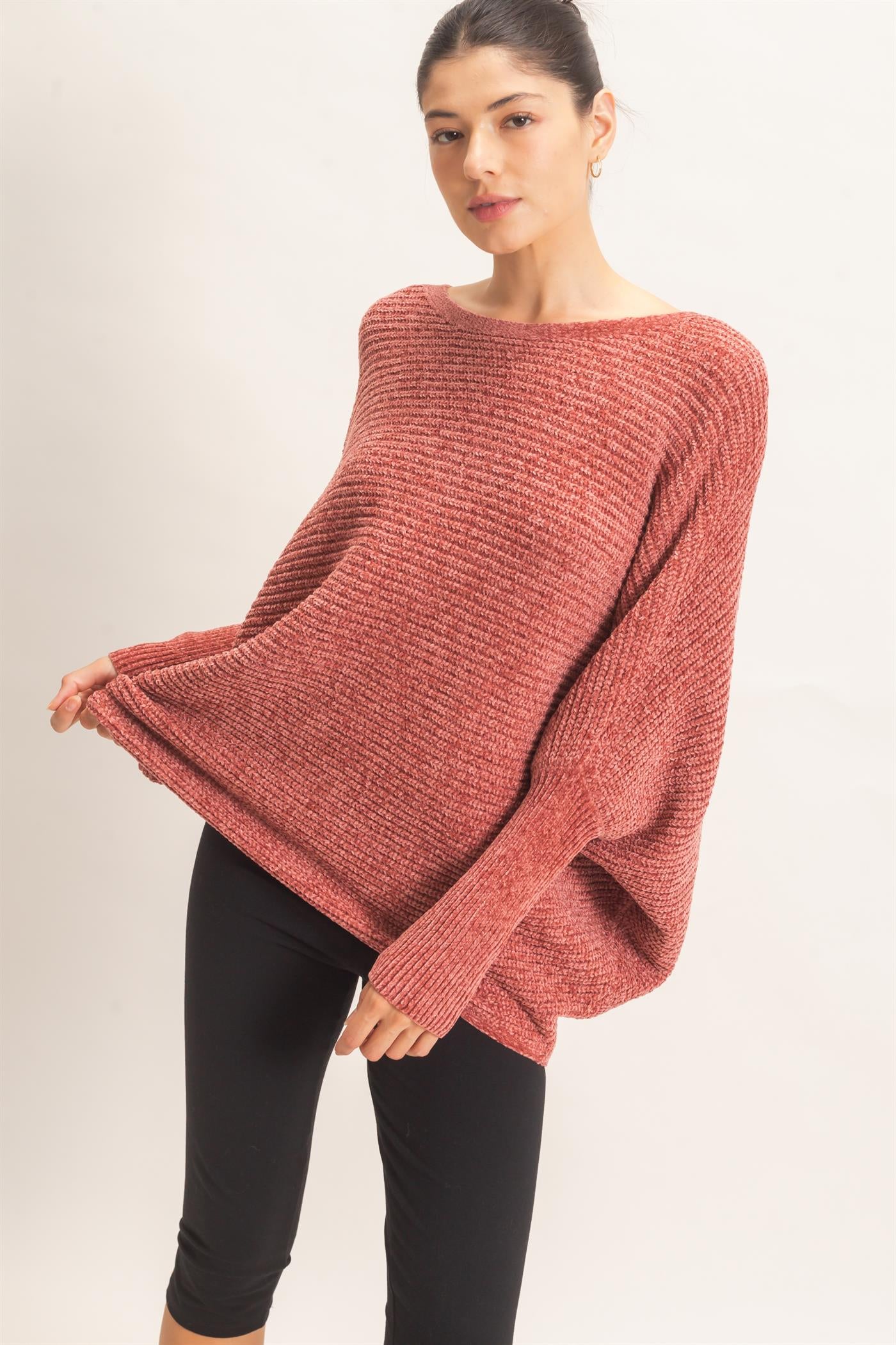 Wholesale Chenille Boat Neck Dolman Sleeve Sweater Sweaters HF26F185 CLAY HYFVE