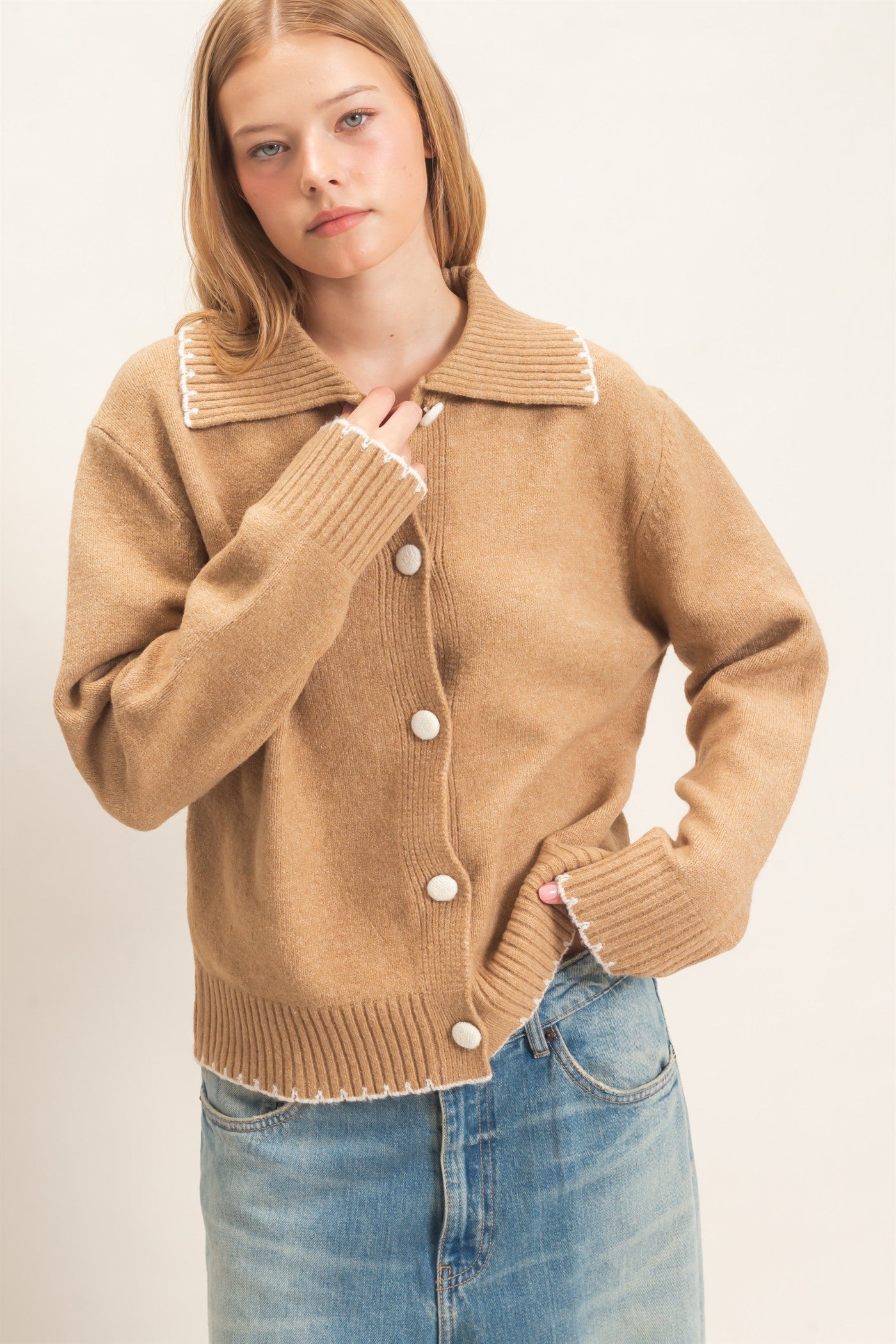Wholesale Blanket Stitch Collared Cardigan Cardigans HF26F356 CAMEL HYFVE