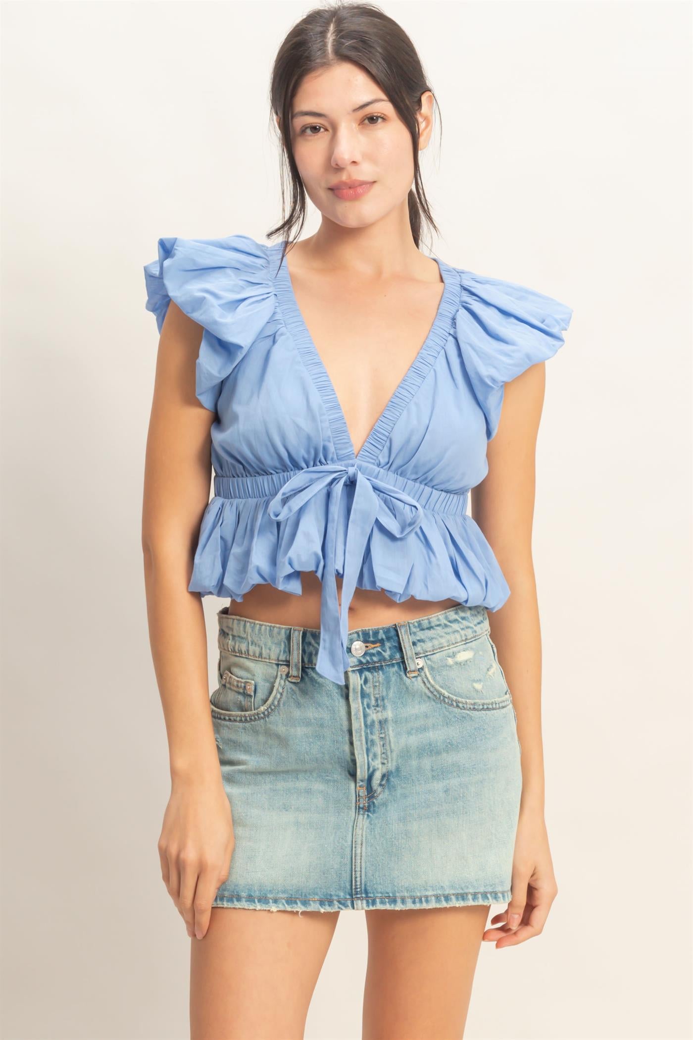 Wholesale Ruched V-Neck Puff Sleeve Top Clothing Tops HF26A122 INDIGO HYFVE