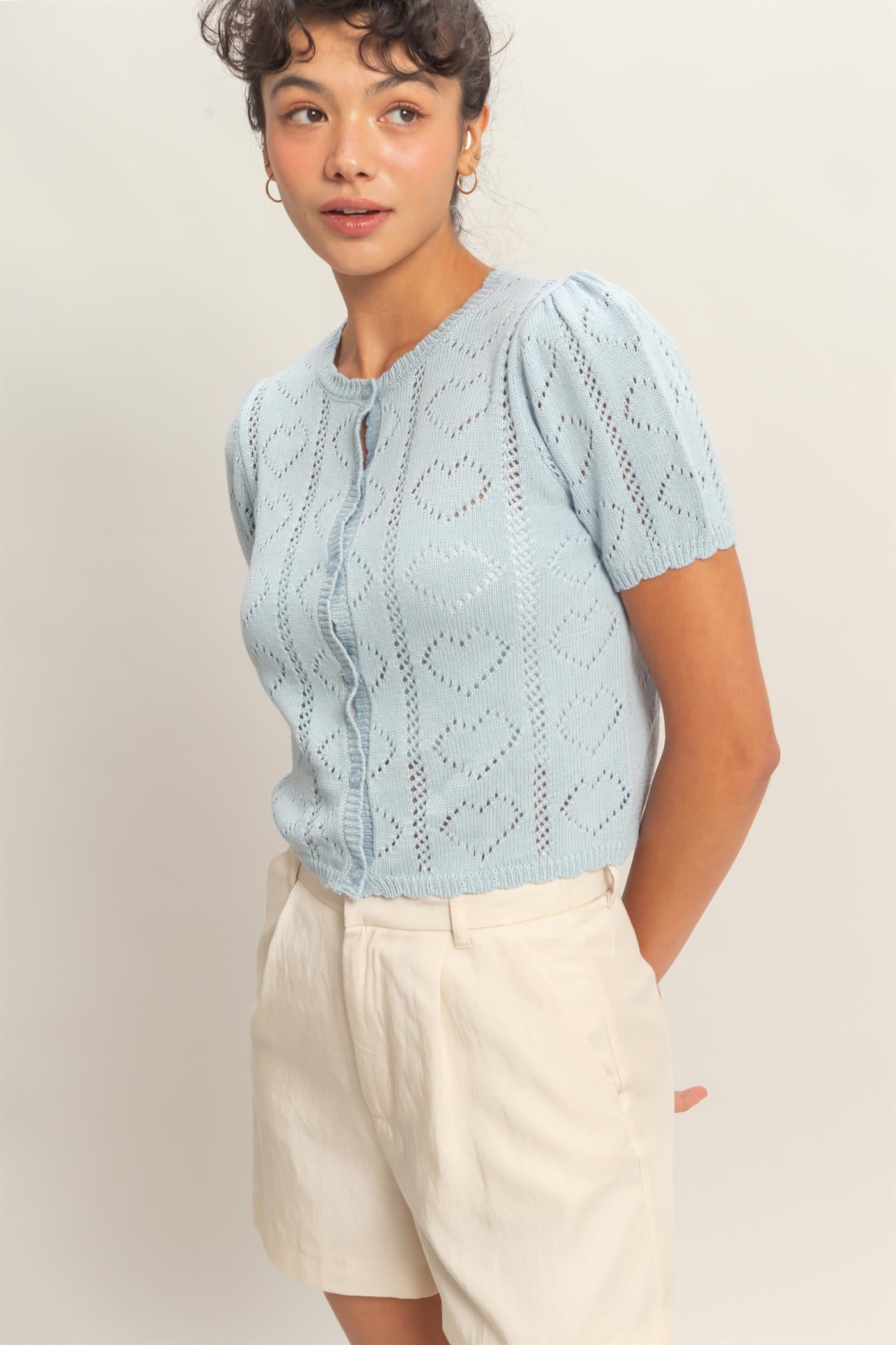 Wholesale Pointelle Knit Puff Sleeve Button Up Cardigan Cardigans DZ26A425 ICE BLUE HYFVE