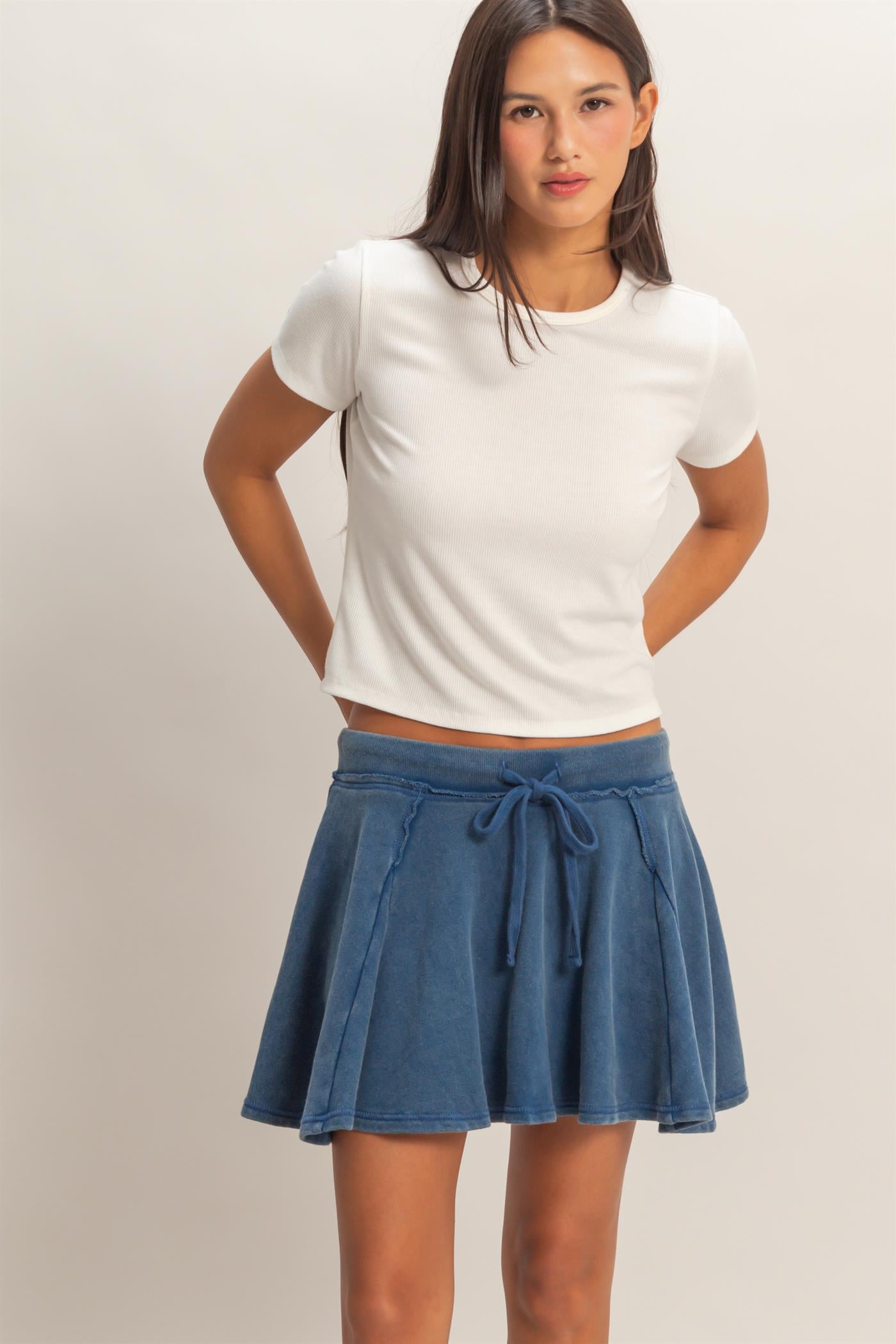 Wholesale Acid Washed Mid Wiast Flowy Skort Skorts DZ26A928 NAVY DOUBLE ZERO