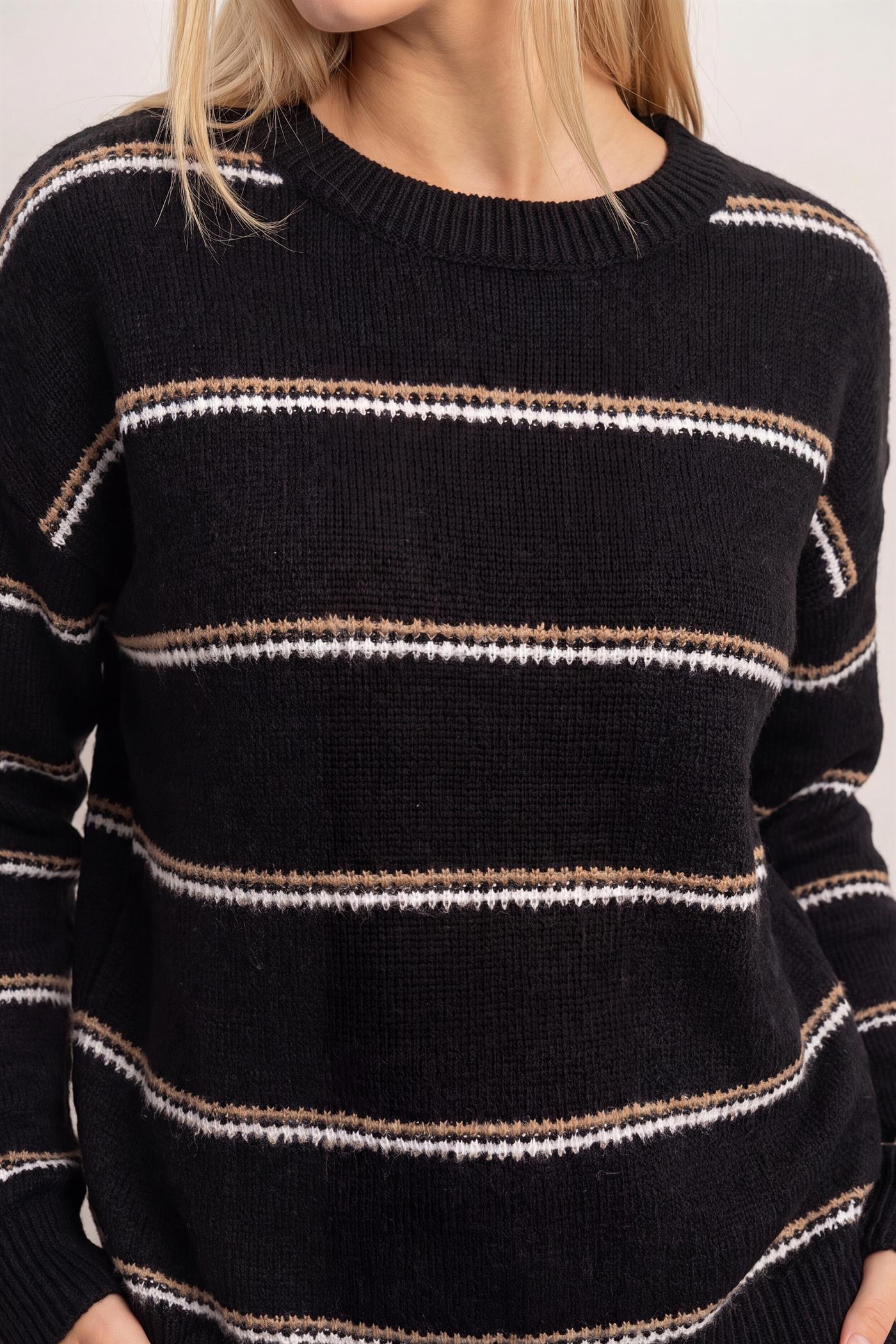 Wholesale Striped Crew Neck Sweater Sweaters HF26E696-D BLACK HYFVE