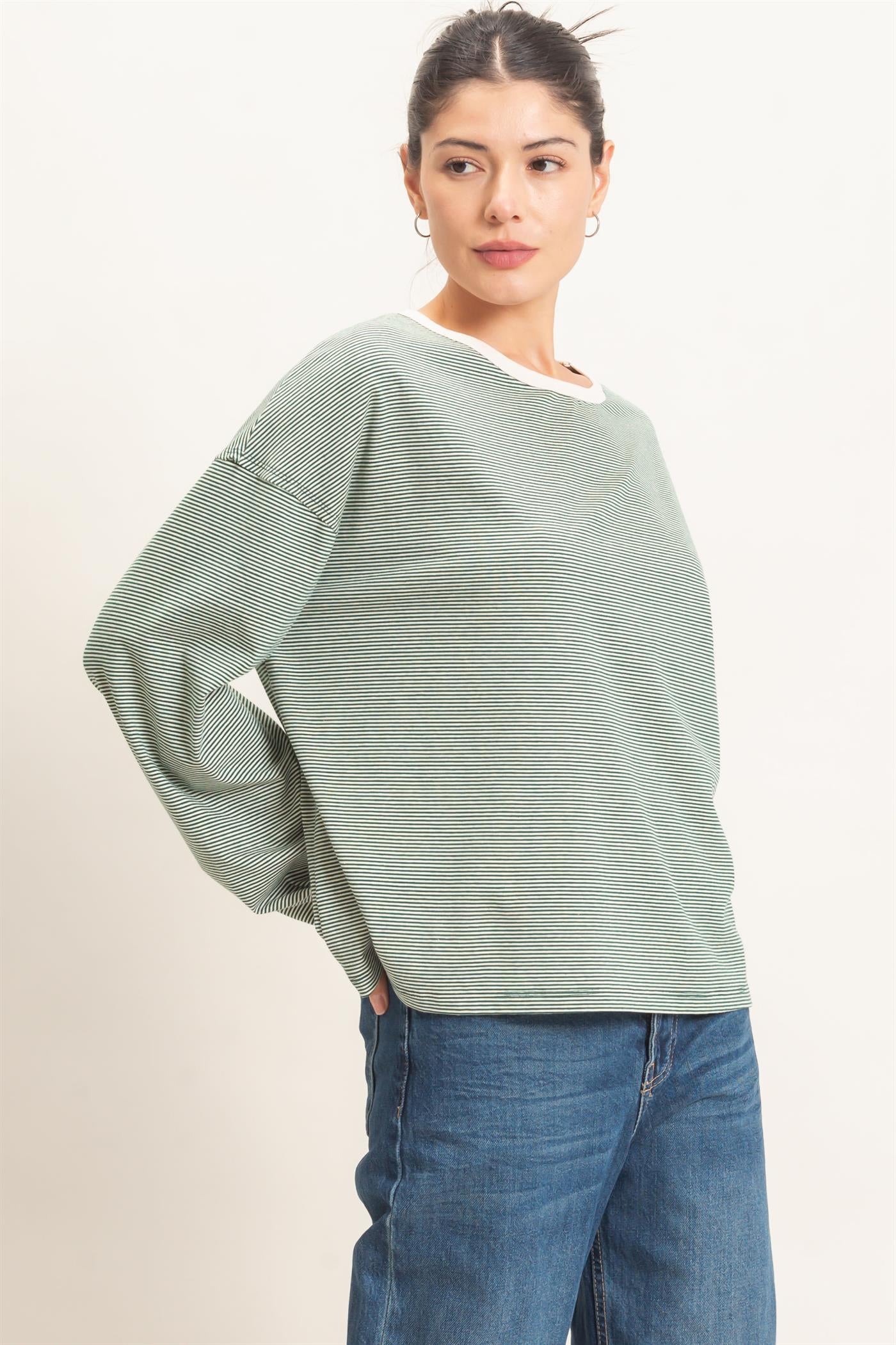 Wholesale Striped Boat Neck Long Sleeve Top Clothing Tops HF26E674 GREEN HYFVE
