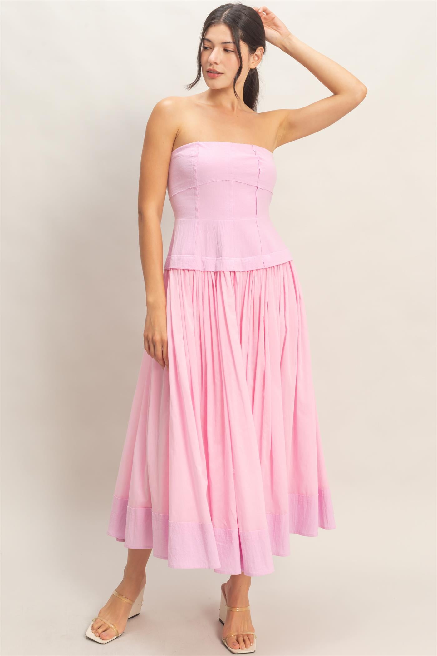 Wholesale Strapless Tiered Maxi Dress Dresses HF26A570 PINK HYFVE