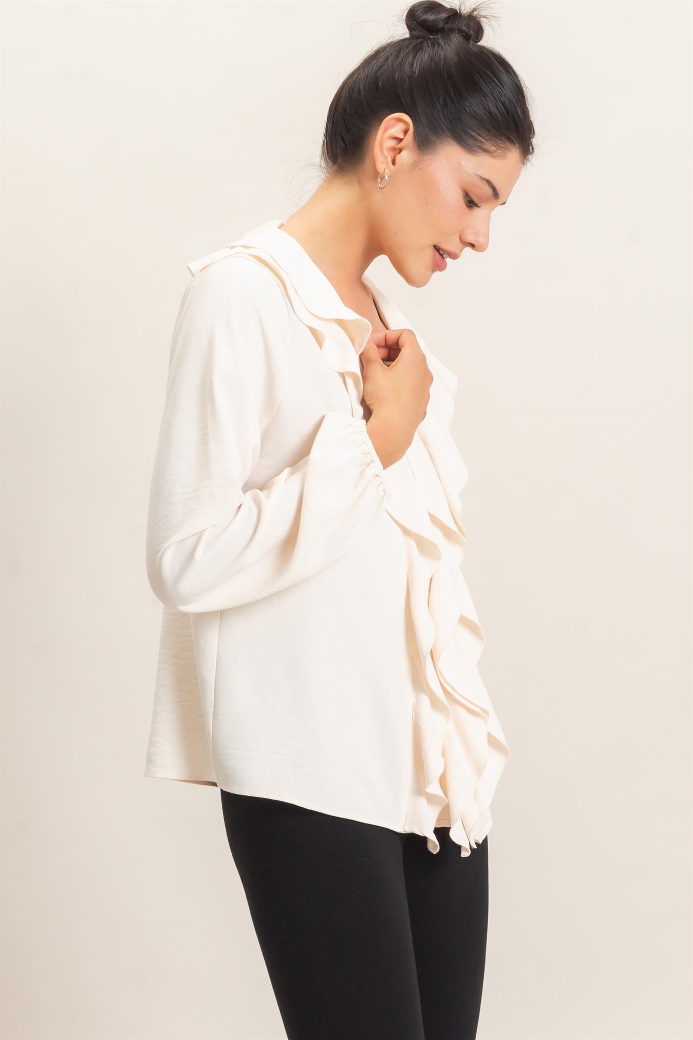 Wholesale Ruffled V-Neck Button-Up Blouse Blouses HF26C739 ALPACA HYFVE