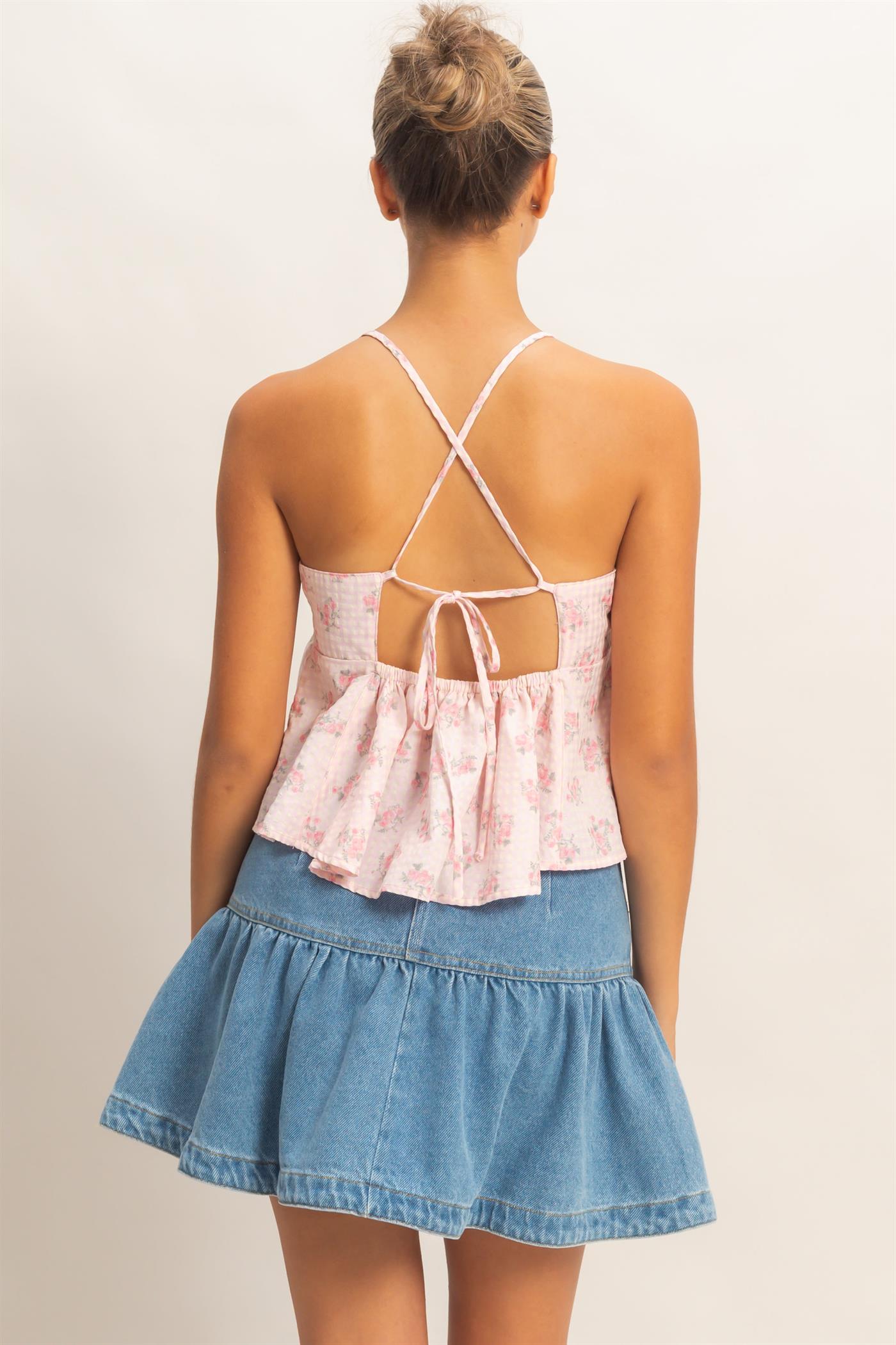 Wholesale Floral Seersucker Babydoll Top Clothing Tops HF26A416 PINK HYFVE