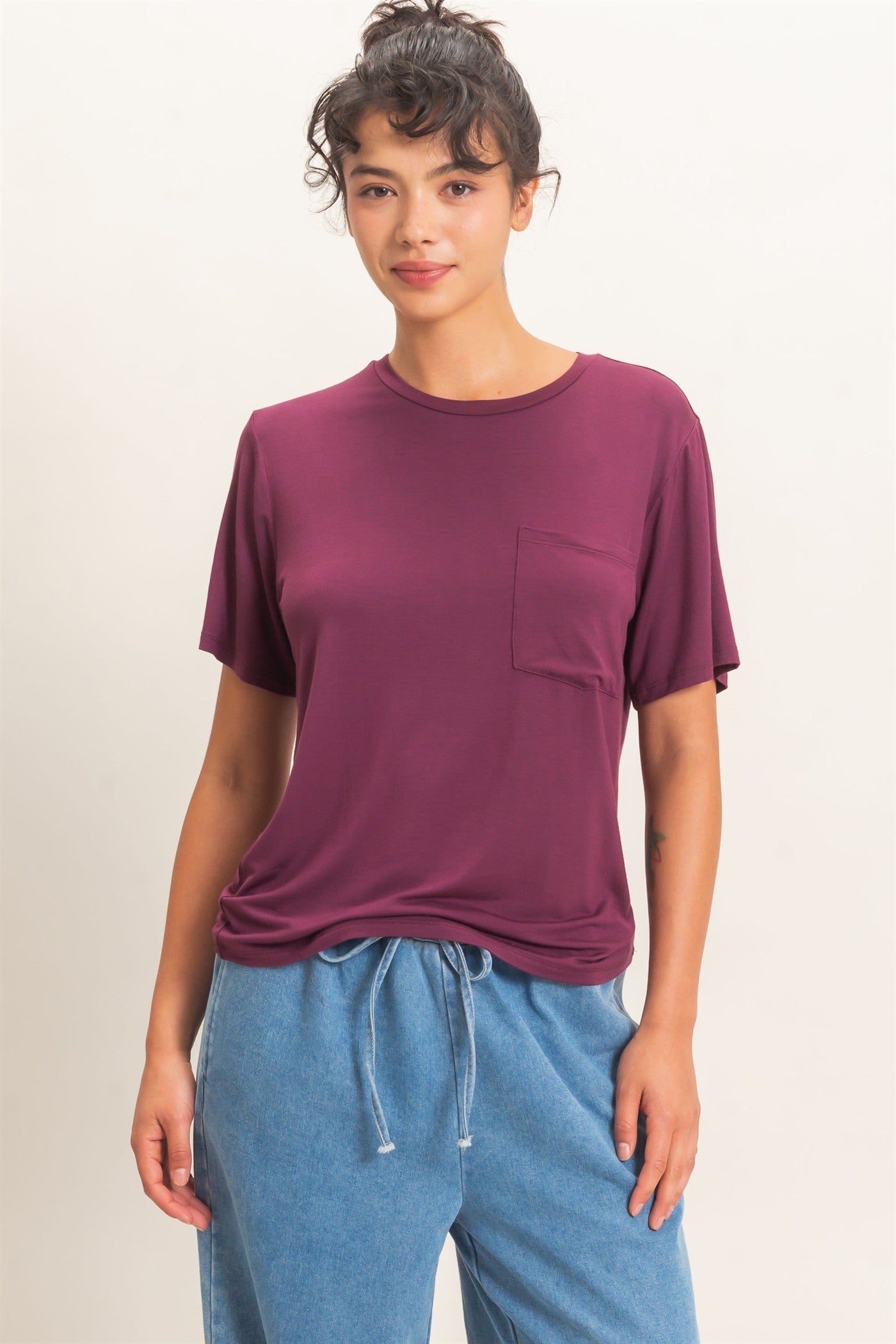 Wholesale Crew Neck Pocket Tee Clothing Tops DZ26E254 DARK CHERRY DOUBLE ZERO