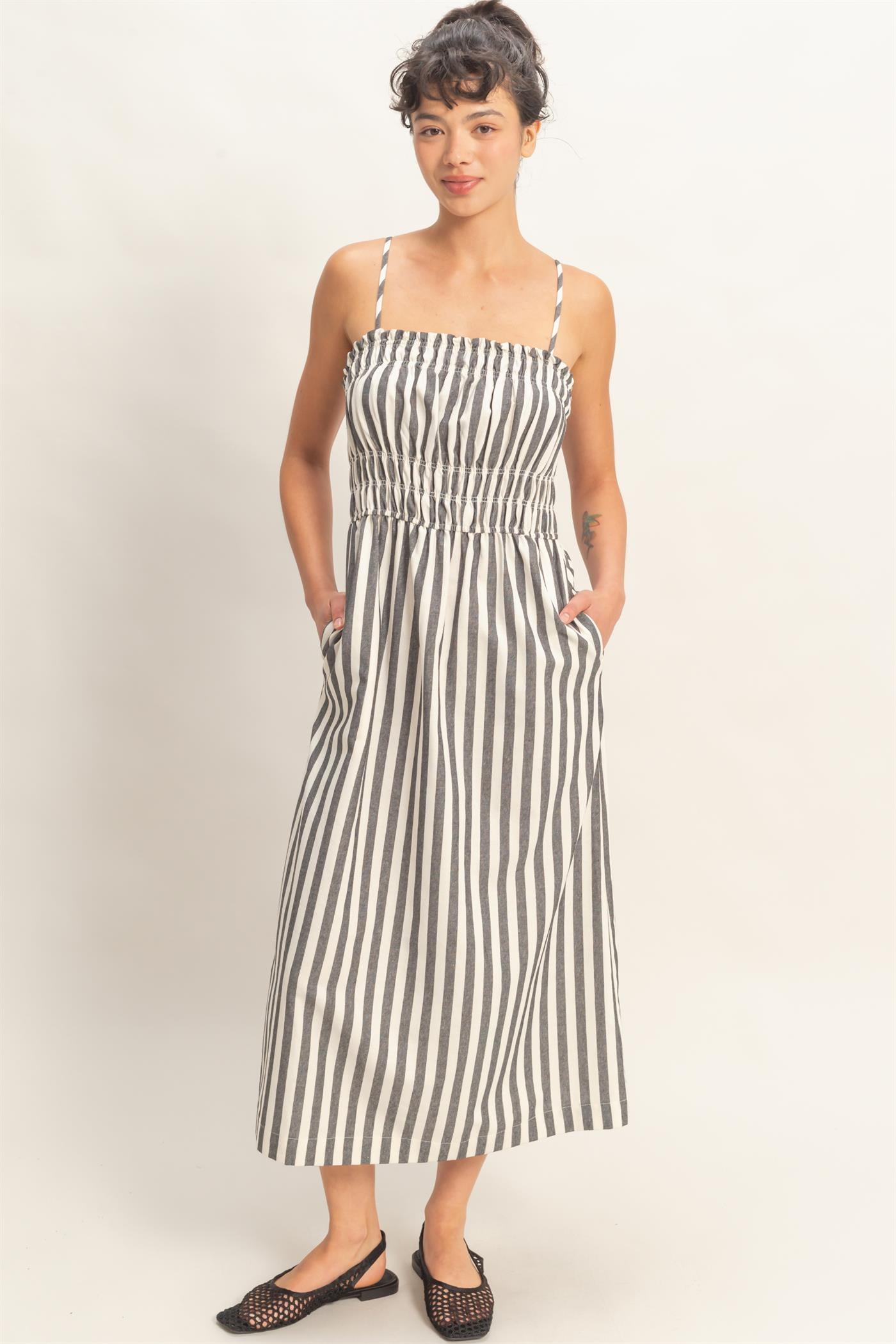 Wholesale Striped Spaghetti Strap Smocking Midi Dress Dresses DZ26C191 BLACK DOUBLE ZERO