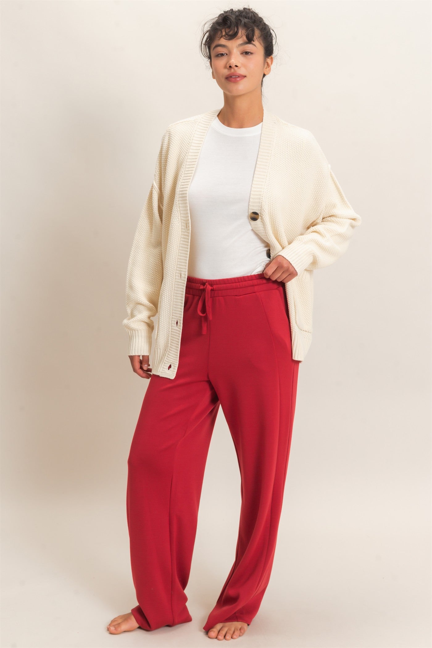 Wholesale Elastic Waist Straight Leg Pants Pants DZ26C969 DARK RED DOUBLE ZERO