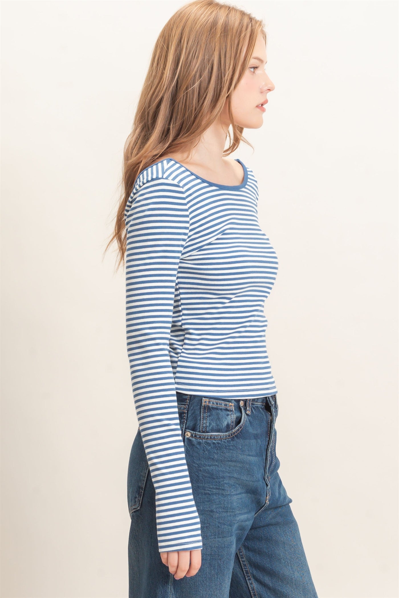 Wholesale Striped Boat Neck Long Sleeve Top Clothing Tops HF26F080 BLUE/WHITE HYFVE