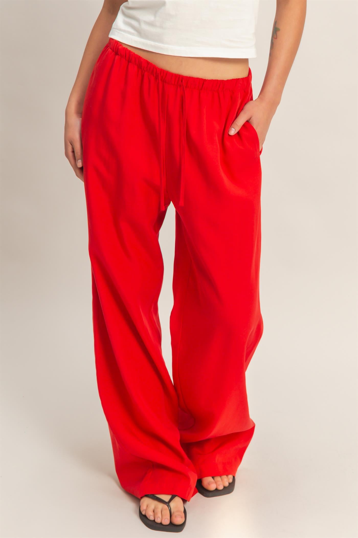 Wholesale Lyocell Linen Elastic Waist Straight Leg Pants Pants DZ26A979 RED DOUBLE ZERO