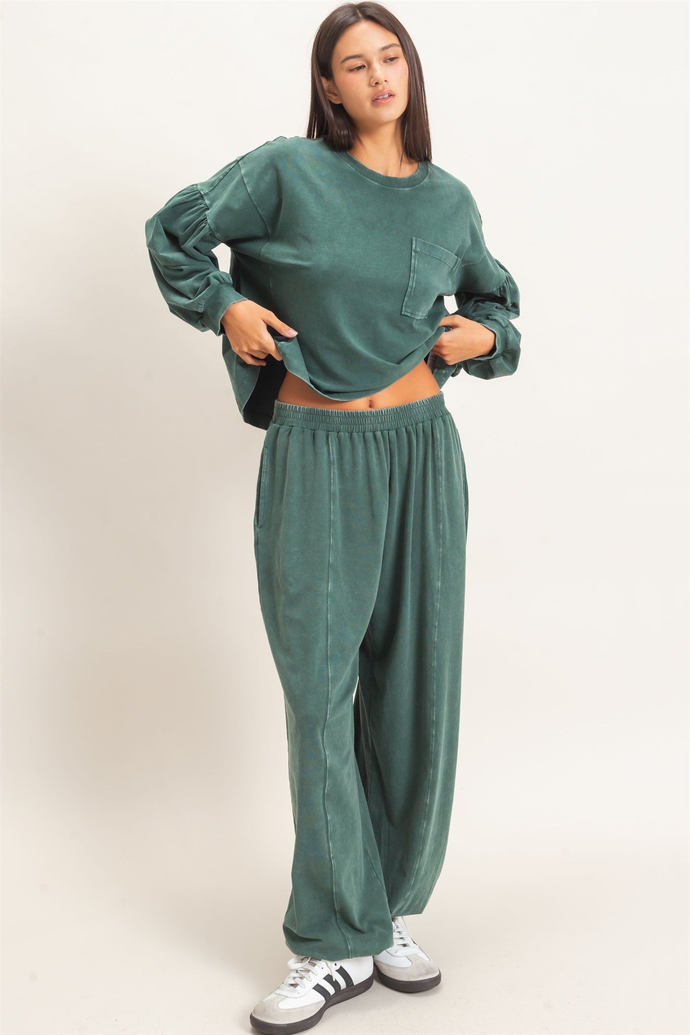 Wholesale Mineral Wash Puff Long Sleeve Boxy Top Clothing Tops DZ26F402 DARK GREEN DOUBLE ZERO