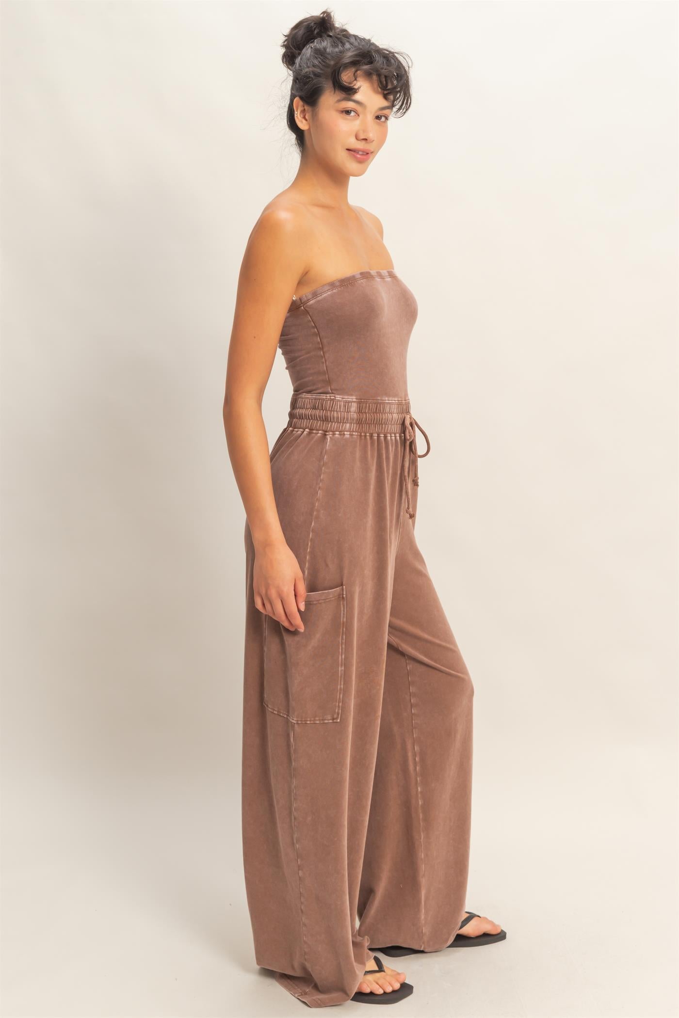 Wholesale Mineral Wash Strapless Wide-Leg Jumpsuit Clothing DZ26C376 CHOCOLATE DOUBLE ZERO