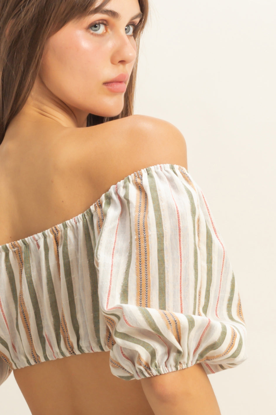 Wholesale Striped Off-Shoulder Crop Top Clothing Tops HF22C614 OLIVE HYFVE