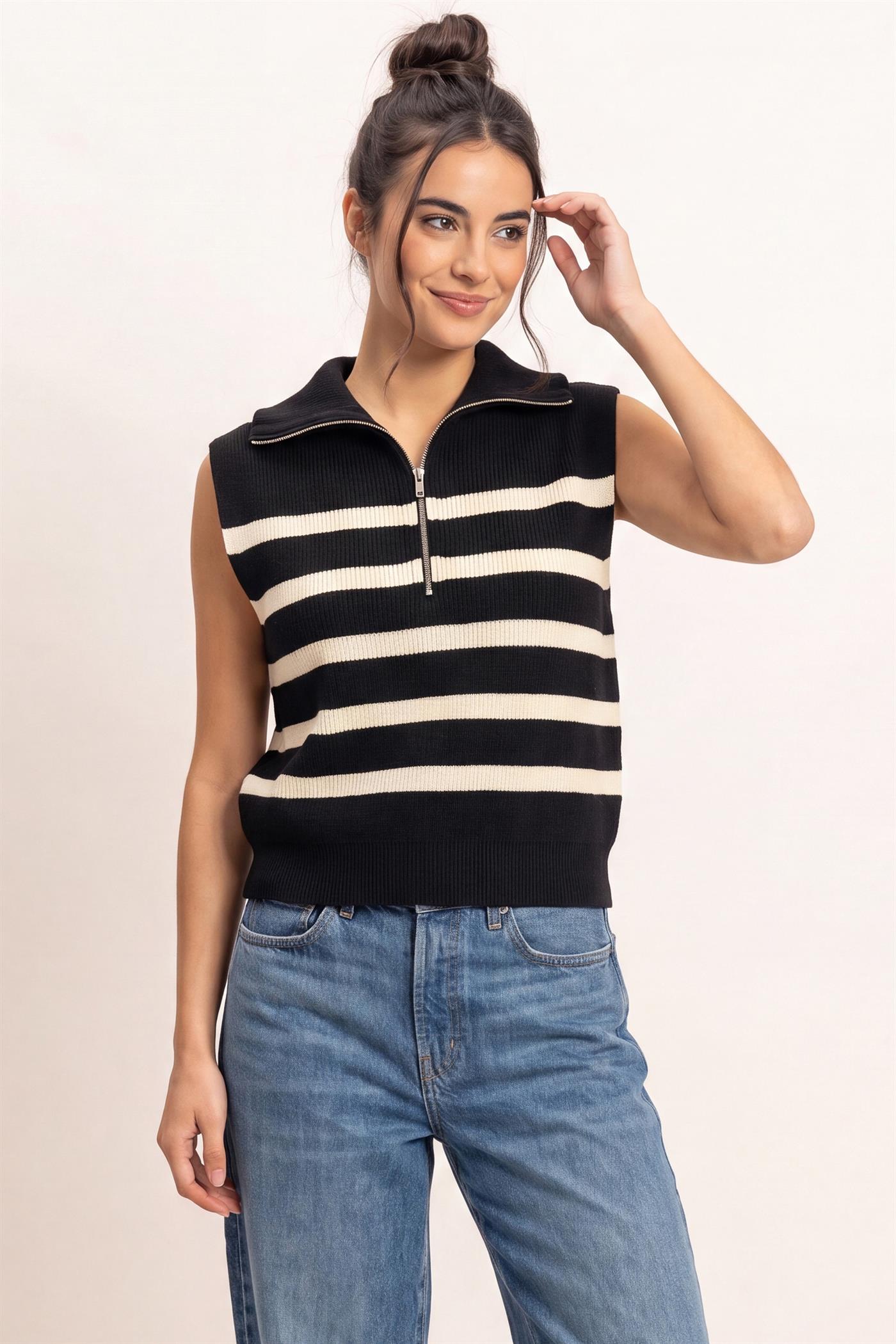 Wholesale Half-Zip Sleeveless Stripe Sweater Sweaters DZ26E951 BLACK DOUBLE ZERO