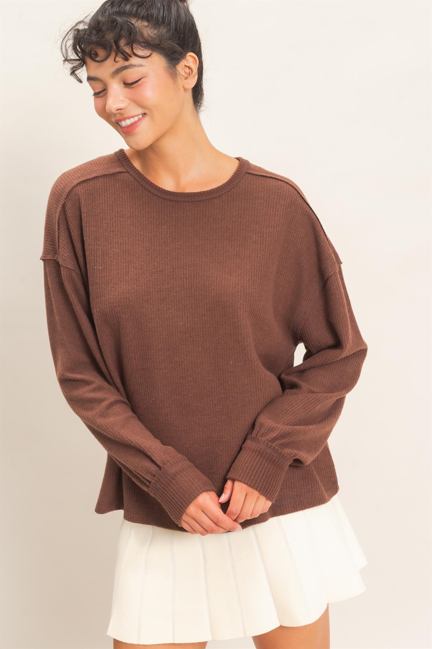 Wholesale Raw Edge Waffle Sweatshirt Sweatshirts DZ26F081 DARK BROWN HYFVE