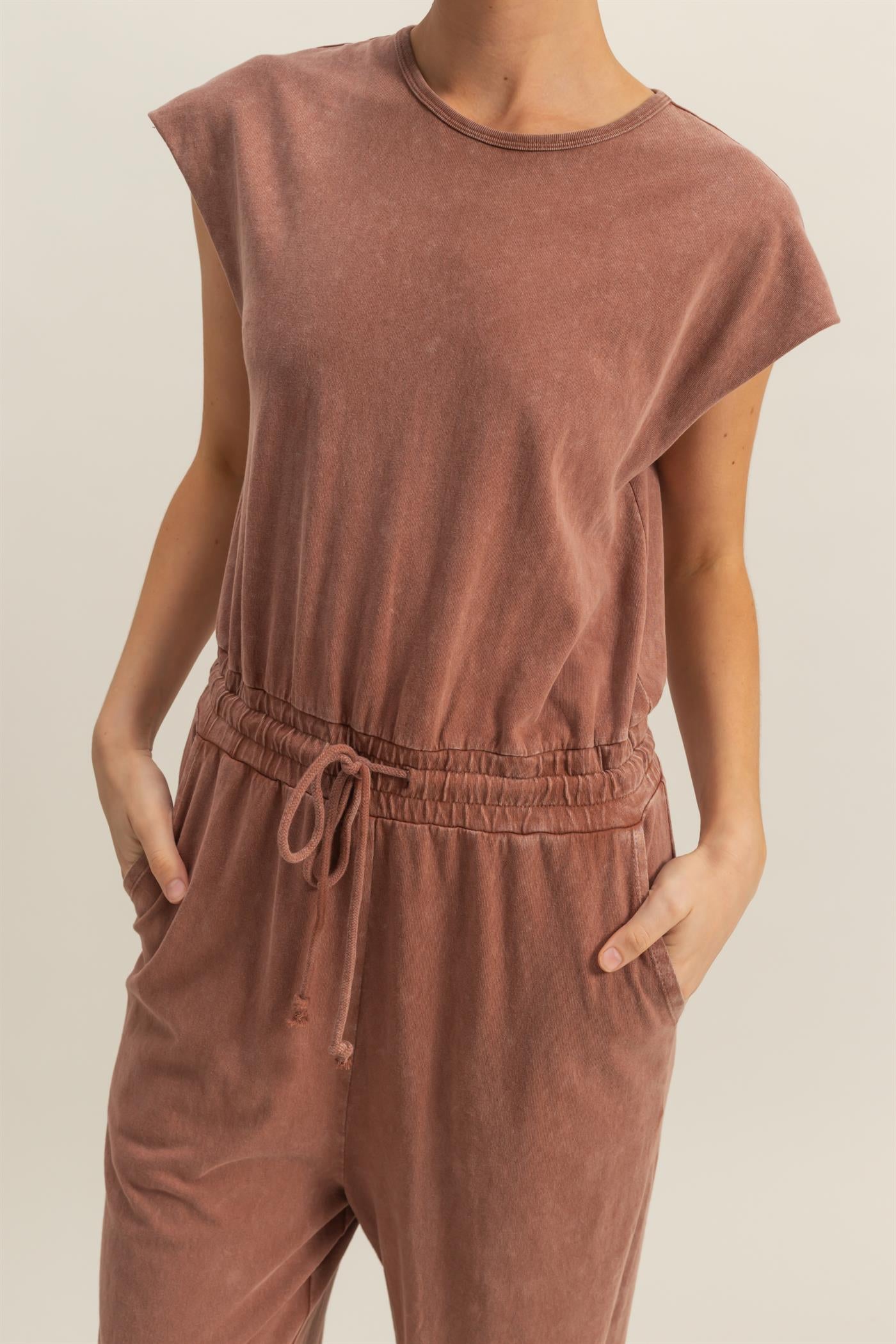 Wholesale Short Sleeve Casual Jumpsuit Clothing DZ24C619 CHESTNUT DOUBLE ZERO