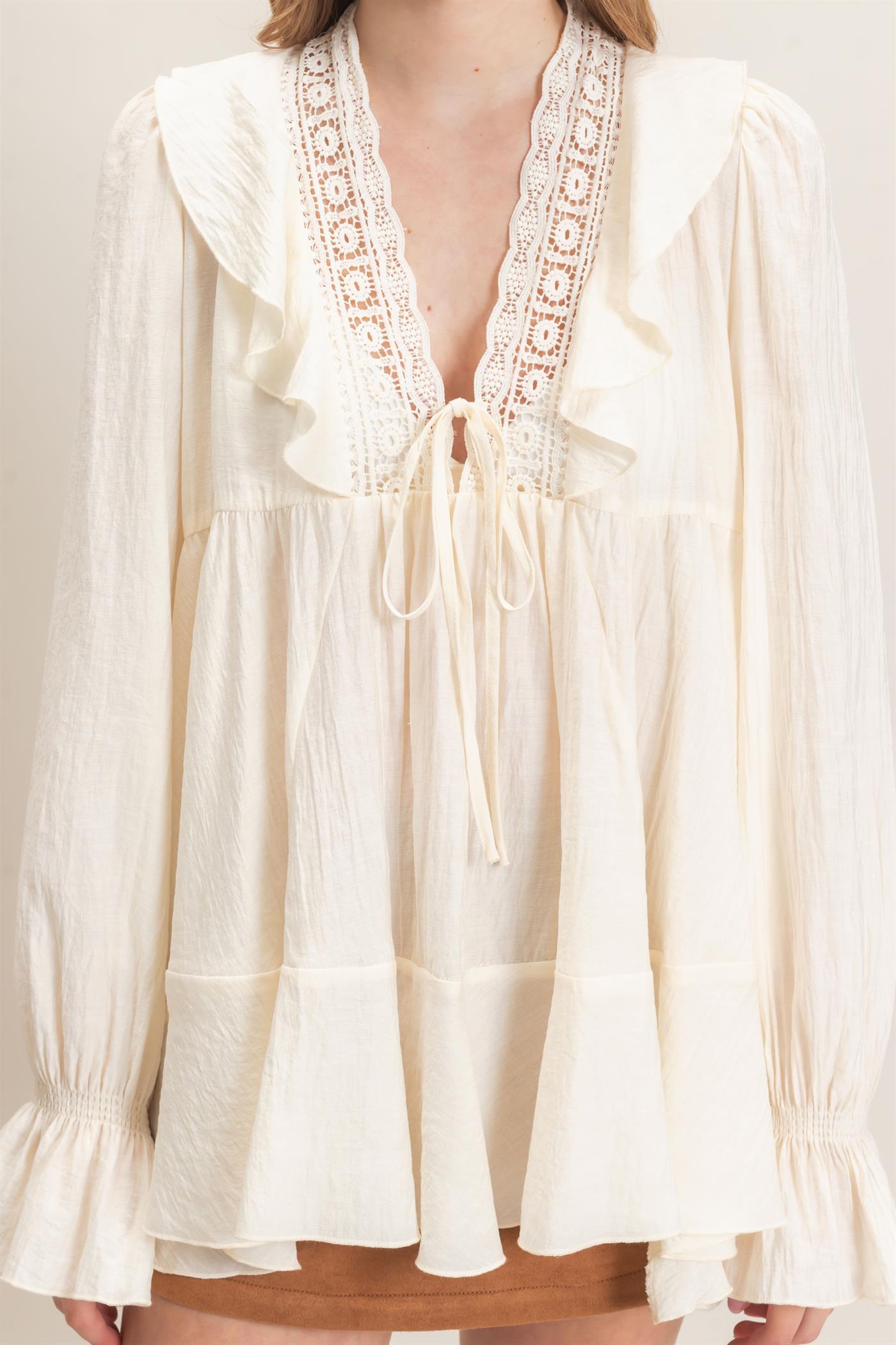 Wholesale Ruffle Lace Tie Neck Blouse Tunics HF26E642 CREAM HYFVE