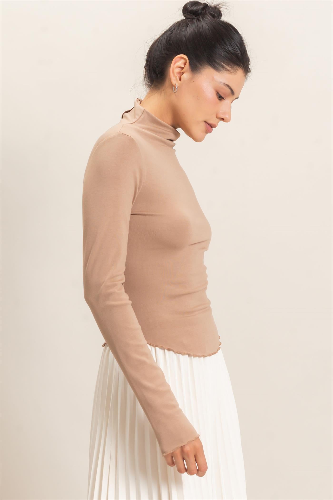 Wholesale Long Sleeve Lettuce Hem Top Clothing Tops HF26F122 LIGHT BROWN HYFVE