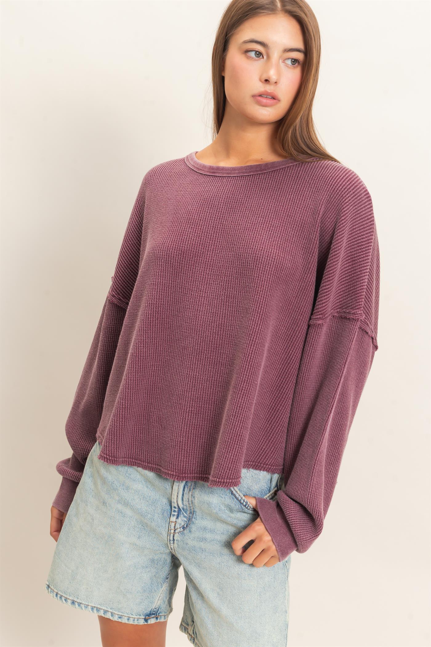 Wholesale Mineral Wash Waffle Oversized Top Clothing Tops DZ26E248 DARK CHERRY DOUBLE ZERO