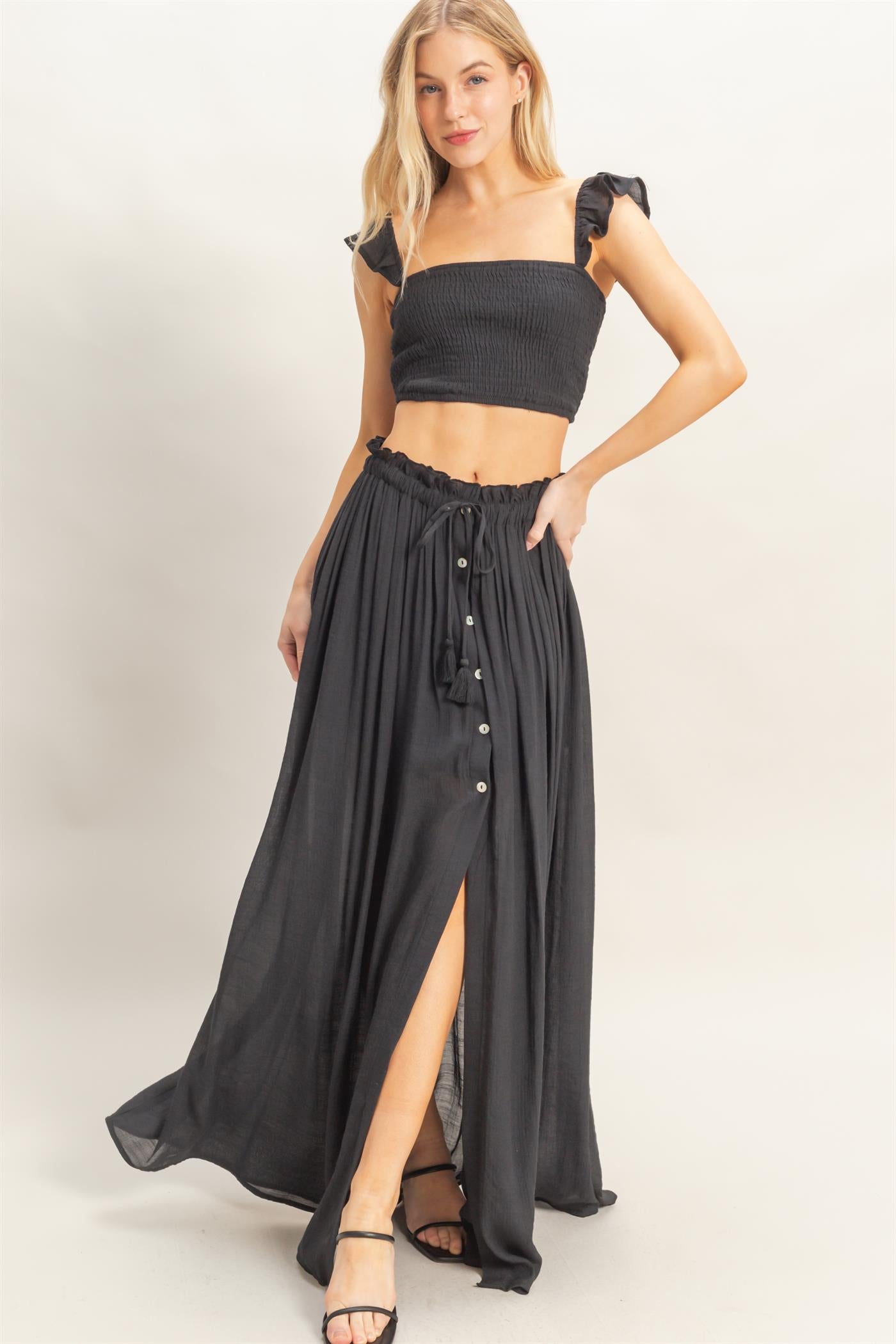 Wholesale Smocked Top & Maxi Skirt Set Clothing HF26C292-SET-D BLACK HYFVE