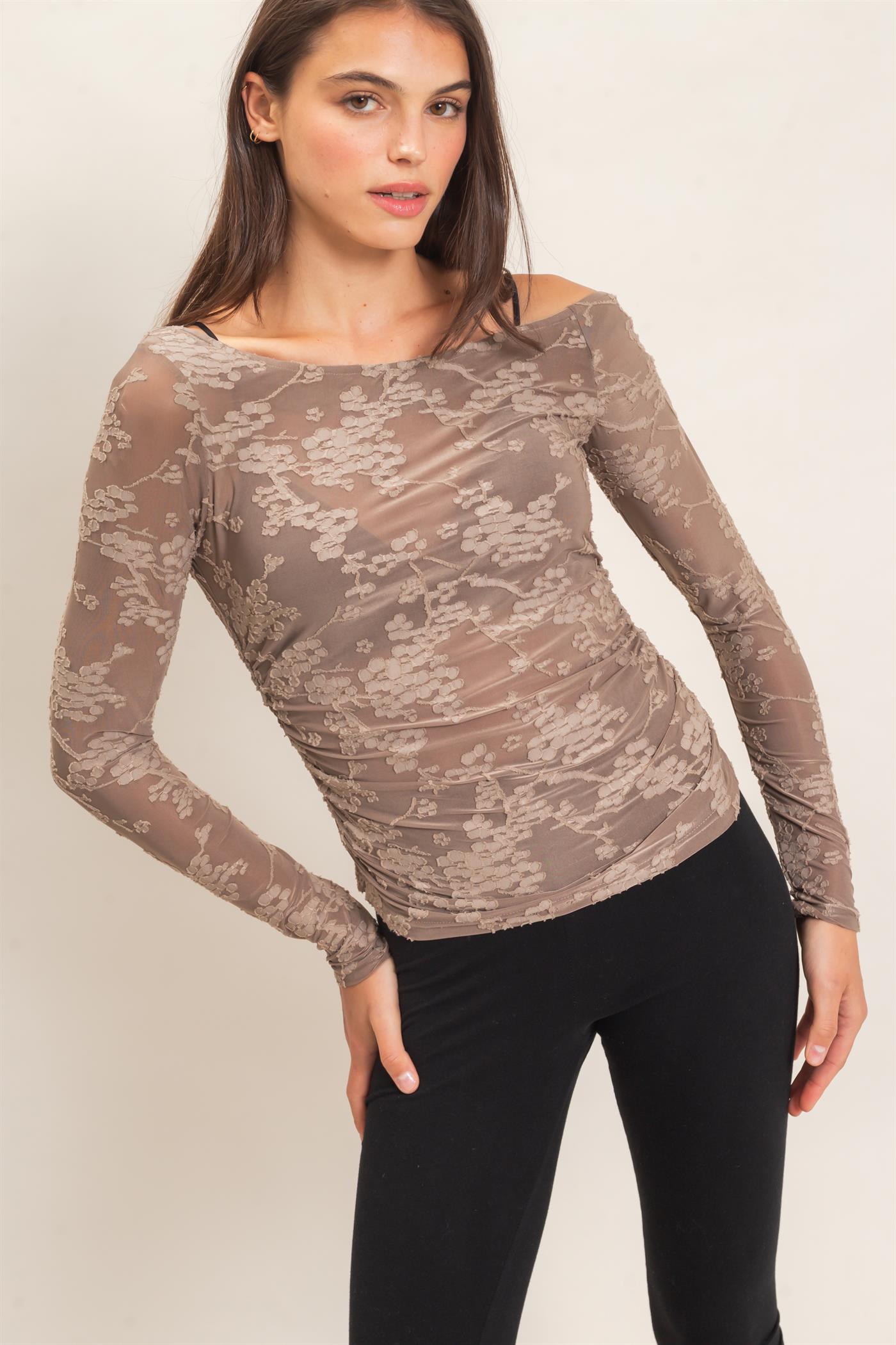 Wholesale Textured Mesh Off-Shoulder Top Blouses HF26F043 GRAY HYFVE