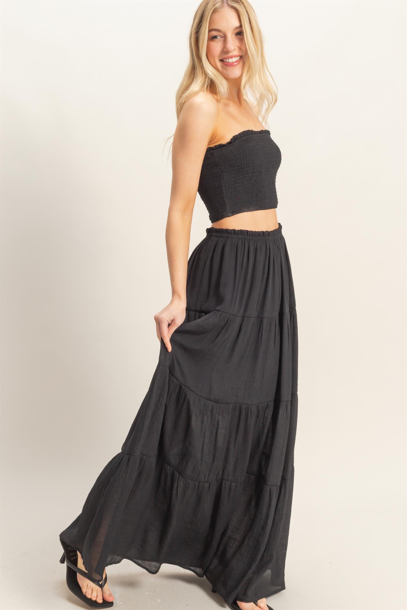 Wholesale Smocked Tube Top & Tiered Skirt Set Clothing HF26C289-SET-D BLACK HYFVE