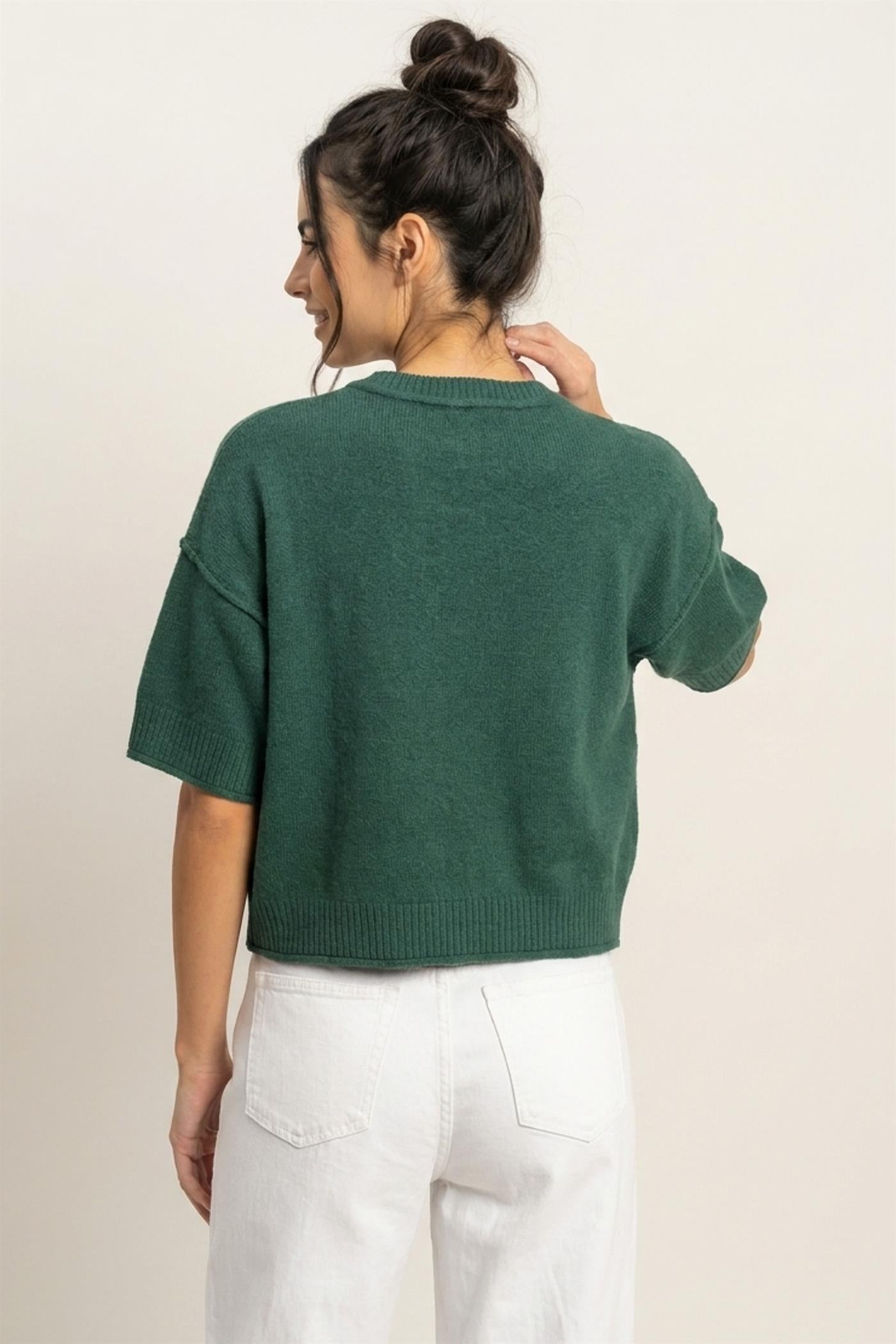 Wholesale Seam Detail Short Sleeve Knit Top Clothing Tops DZ26A827 DARK GREEN DOUBLE ZERO