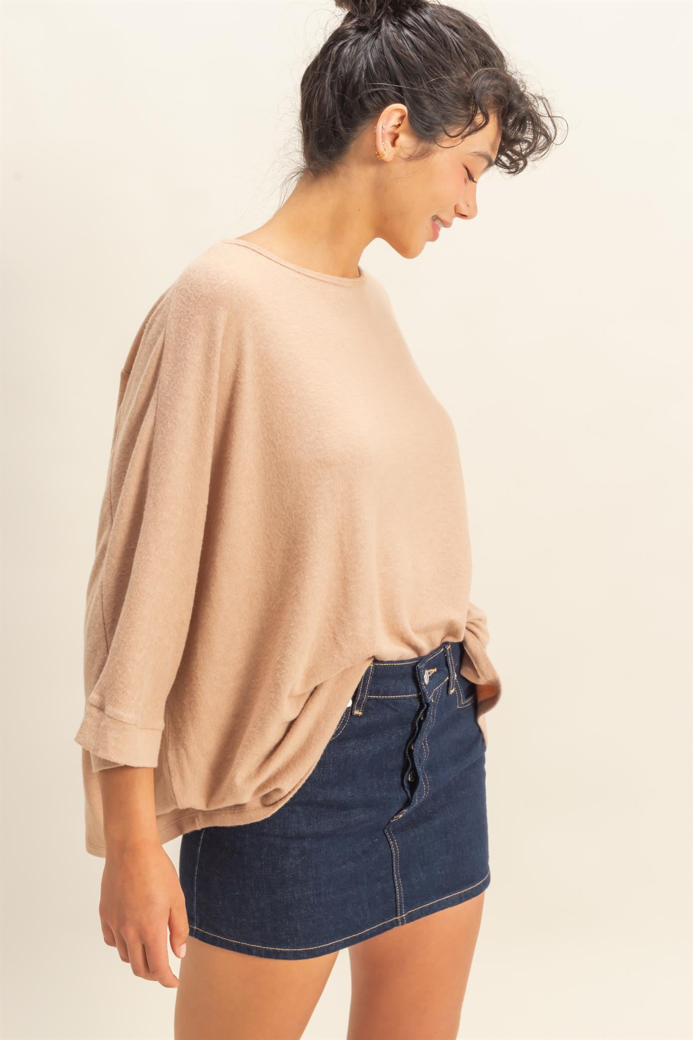 Wholesale Batwing 3/4 Sleeve Oversized Top Clothing Tops DZ25E133 DARK TAUPE DOUBLE ZERO