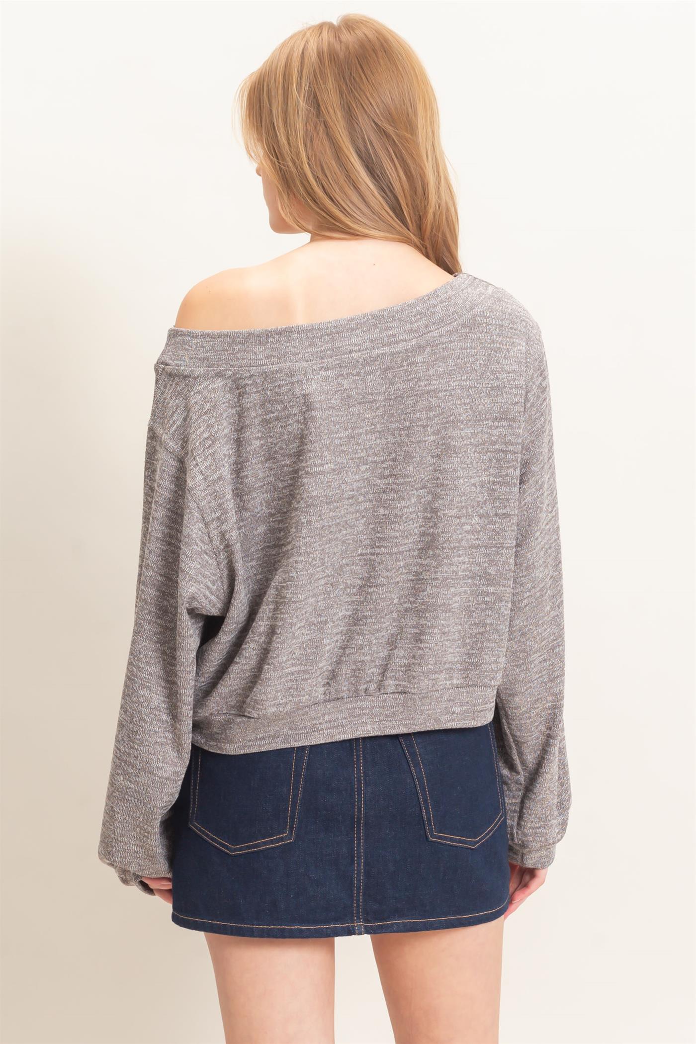 Wholesale Off Shoulder Knit Sweatshirt Blouses HF26F028 CHARCOAL HYFVE