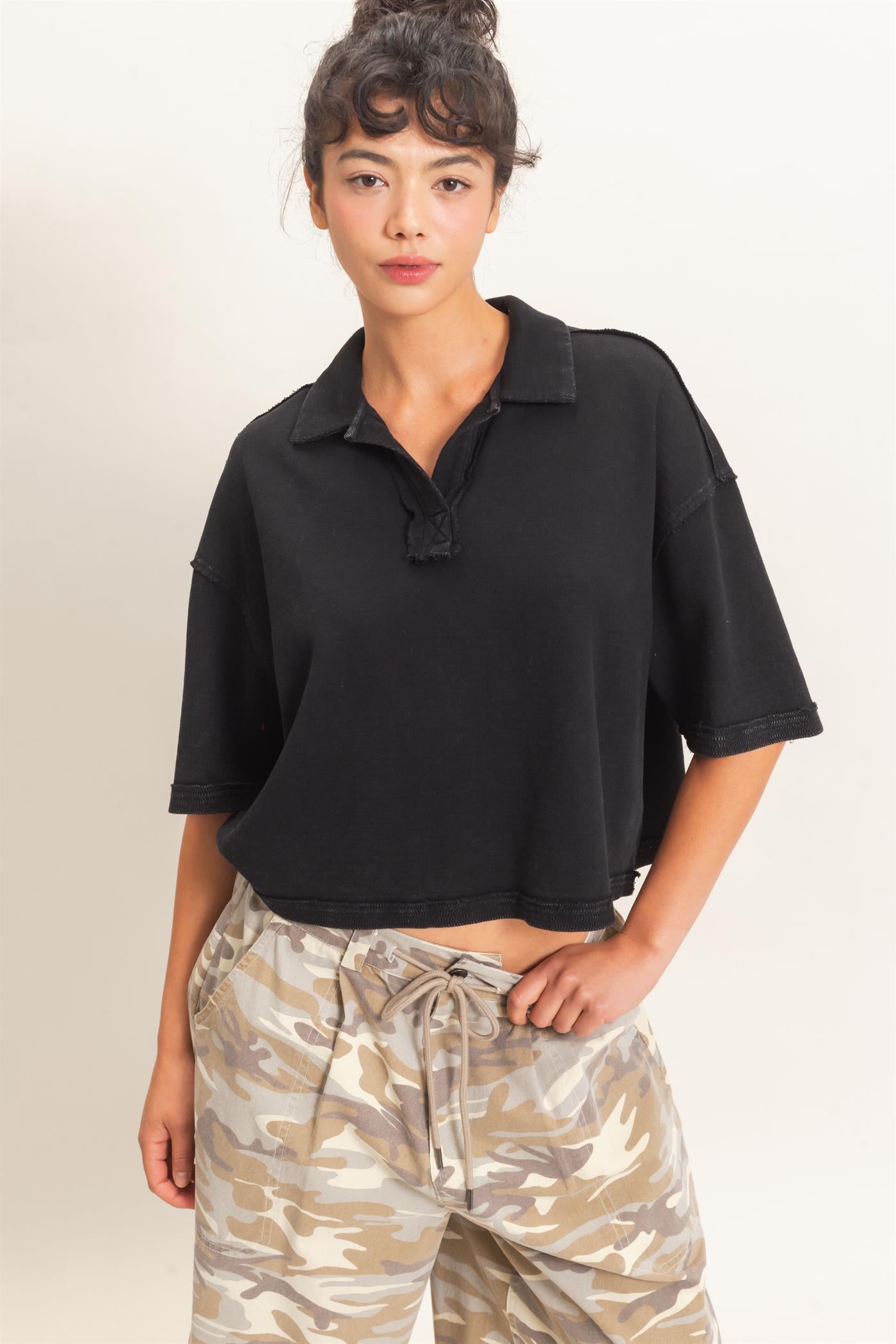Wholesale Mineral Wash Oversized Collar Short Sleeve Top Clothing Tops DZ26E813 BLACK DOUBLE ZERO