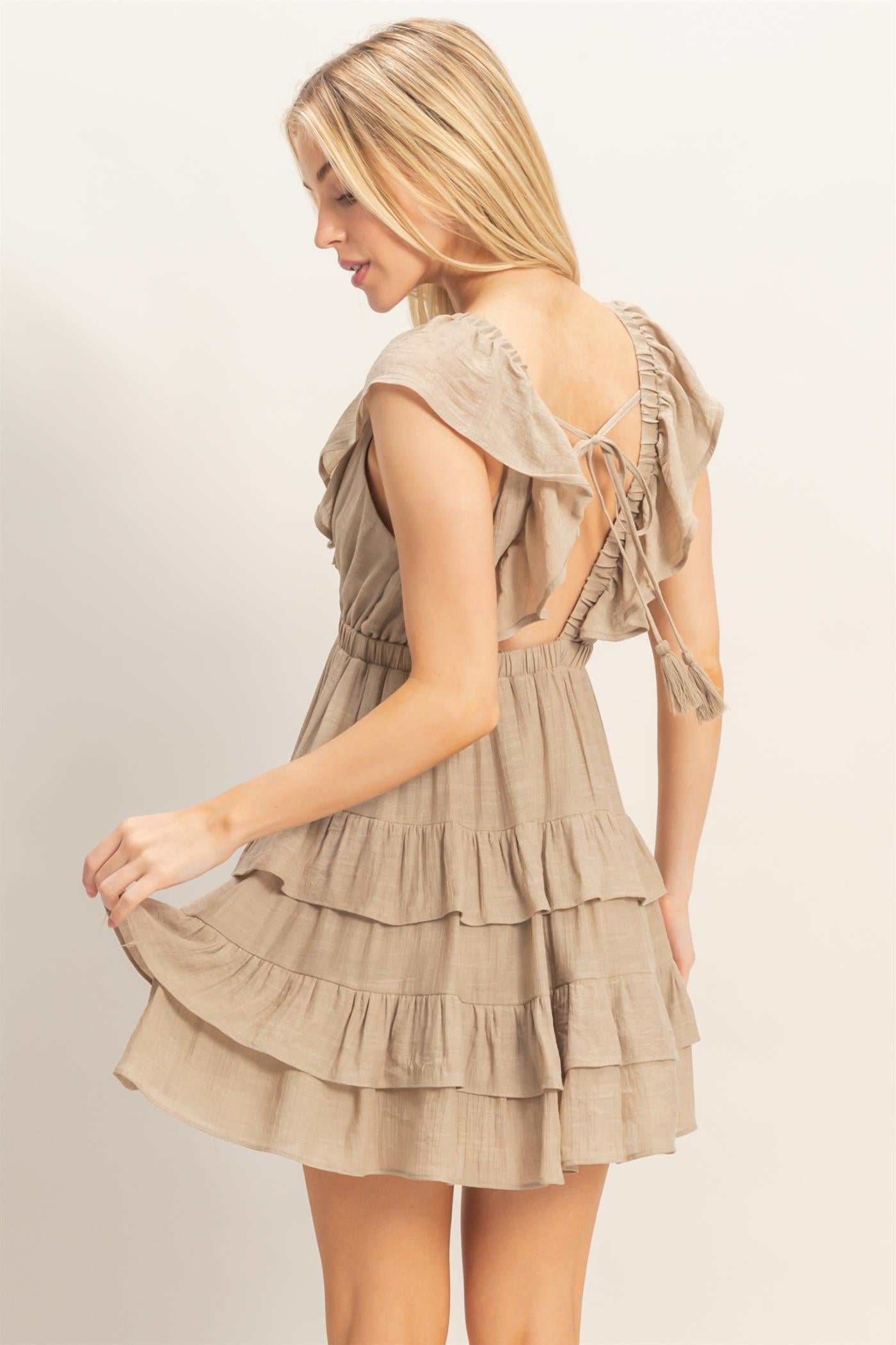 Wholesale Ruffle V-Neck Tiered Mini Dress Dresses HF26C283-D TAUPE DOUBLE ZERO