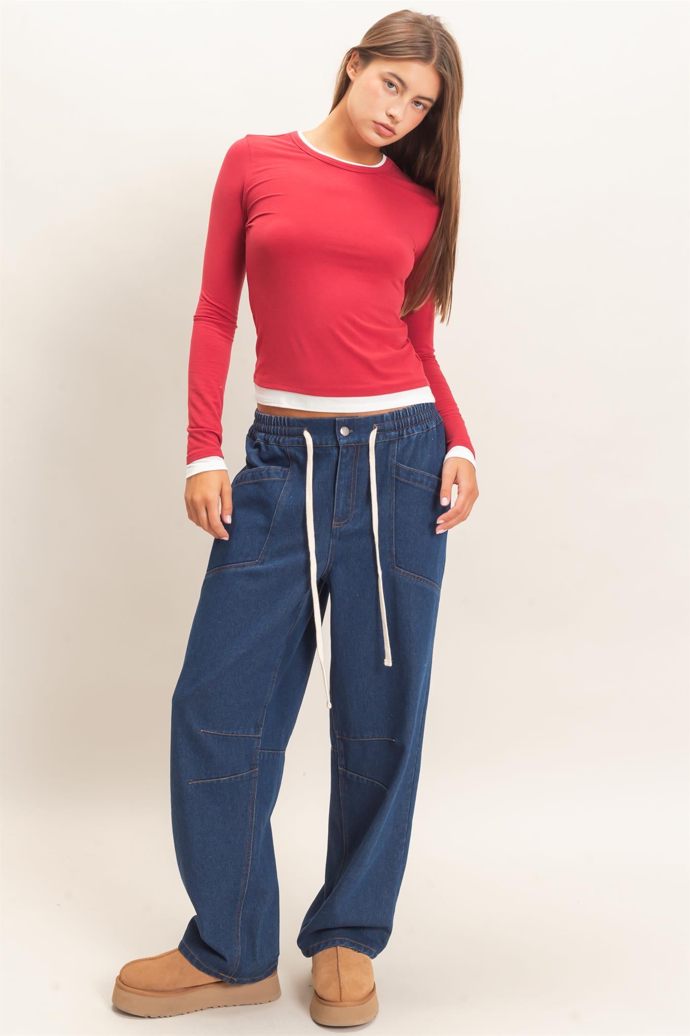 Wholesale Layered Effect Long Sleeve Top Clothing Tops DZ26F341 DARK RED DOUBLE ZERO