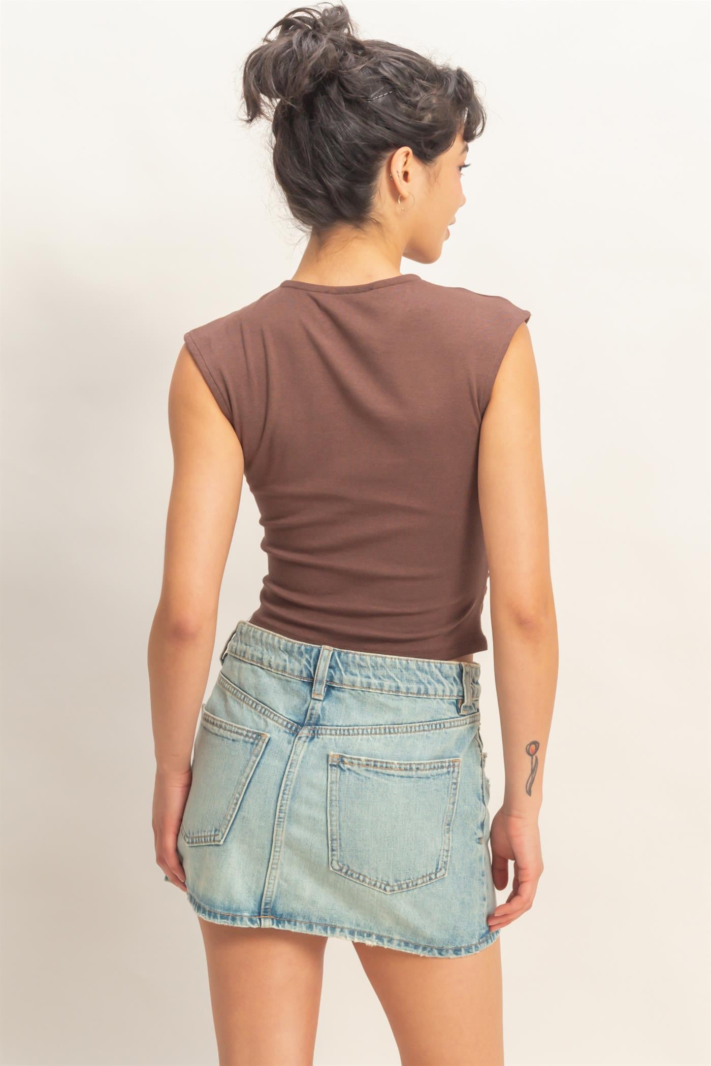 Wholesale Ruched Waist Cap Sleeve Top Clothing Tops DZ26A889 CHOCOLATE DOUBLE ZERO