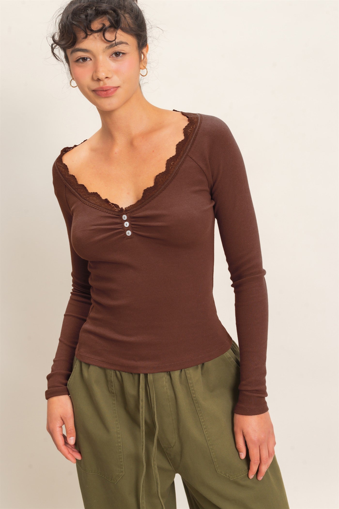 Wholesale Lace-Trim Henley Top Clothing Tops DZ26E325 DARK BROWN DOUBLE ZERO