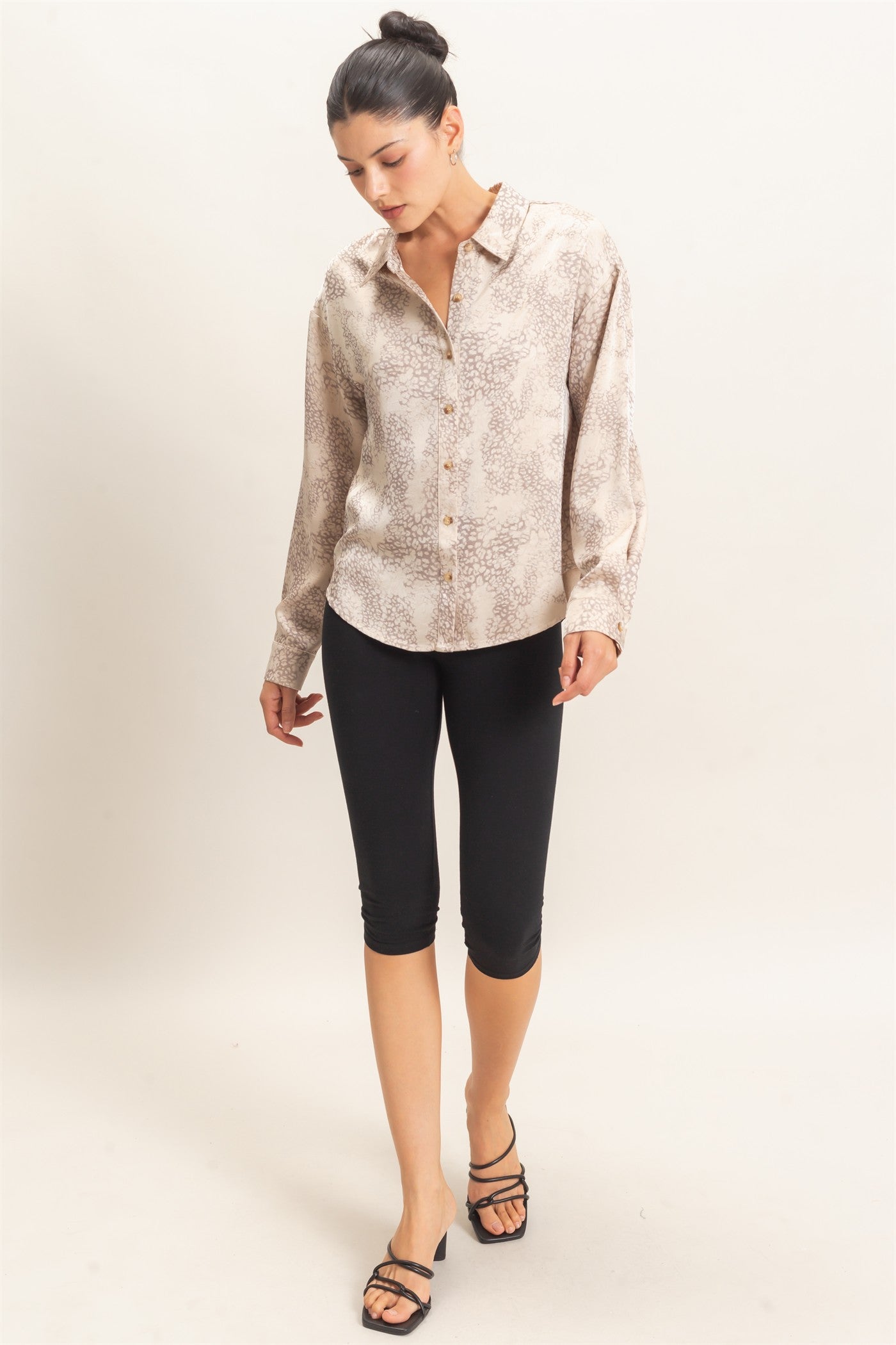 Wholesale Leopard Satin Button-Up Shirt Clothing Tops HF26E159 TAUPE HYFVE