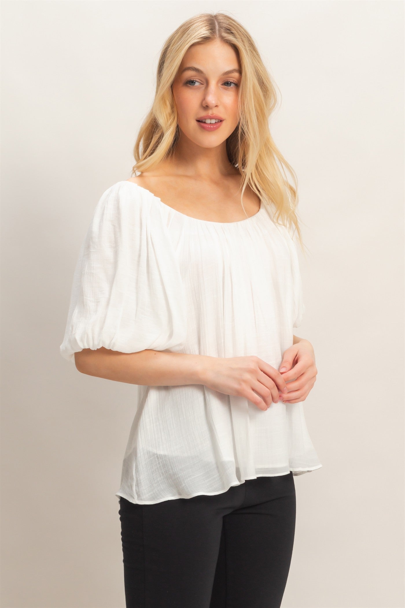 Wholesale Gathered Puff Sleeve Blouse Blouses HF26C307 WHITE HYFVE
