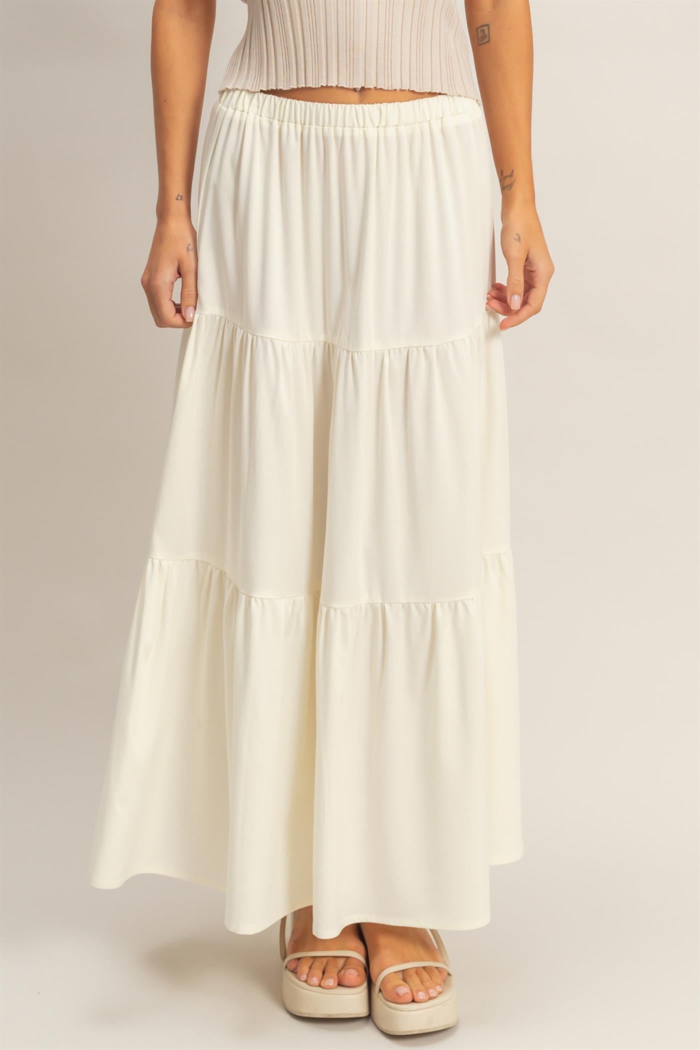 Wholesale Elastic Waist 3-Tier Skirt Skirts HF26E340-D OFF WHITE HYFVE