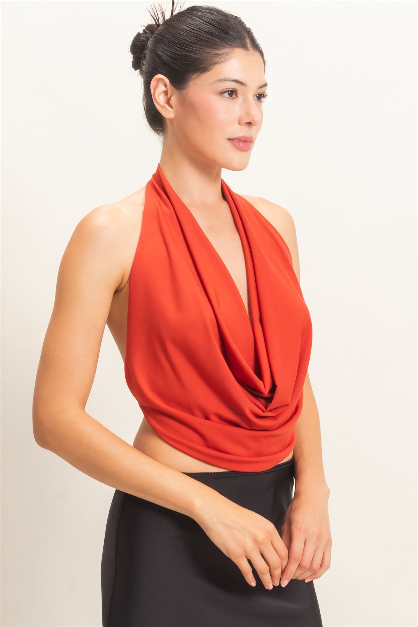 Wholesale Draped Halter Neck Top Blouses HF26F076 RUST HYFVE