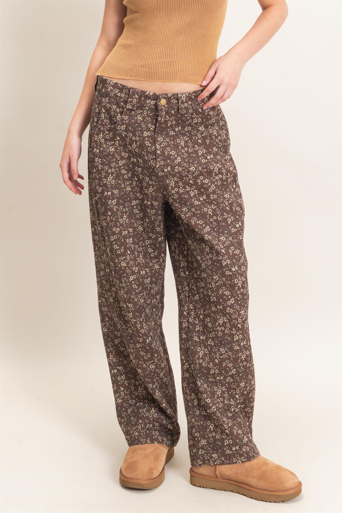 Wholesale Floral Print Garment Wash Barrel Pants Pants HF26C840 CHESTNUT HYFVE