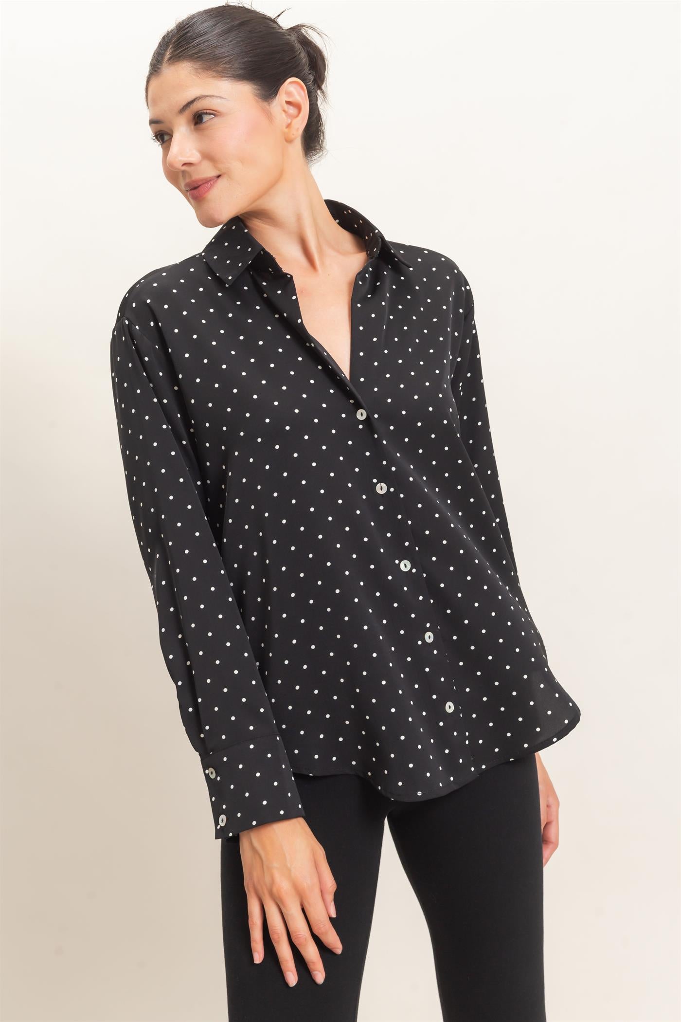 Wholesale Button-Up Polka Dot Shirt Shirts HF26F401 BLACK HYFVE