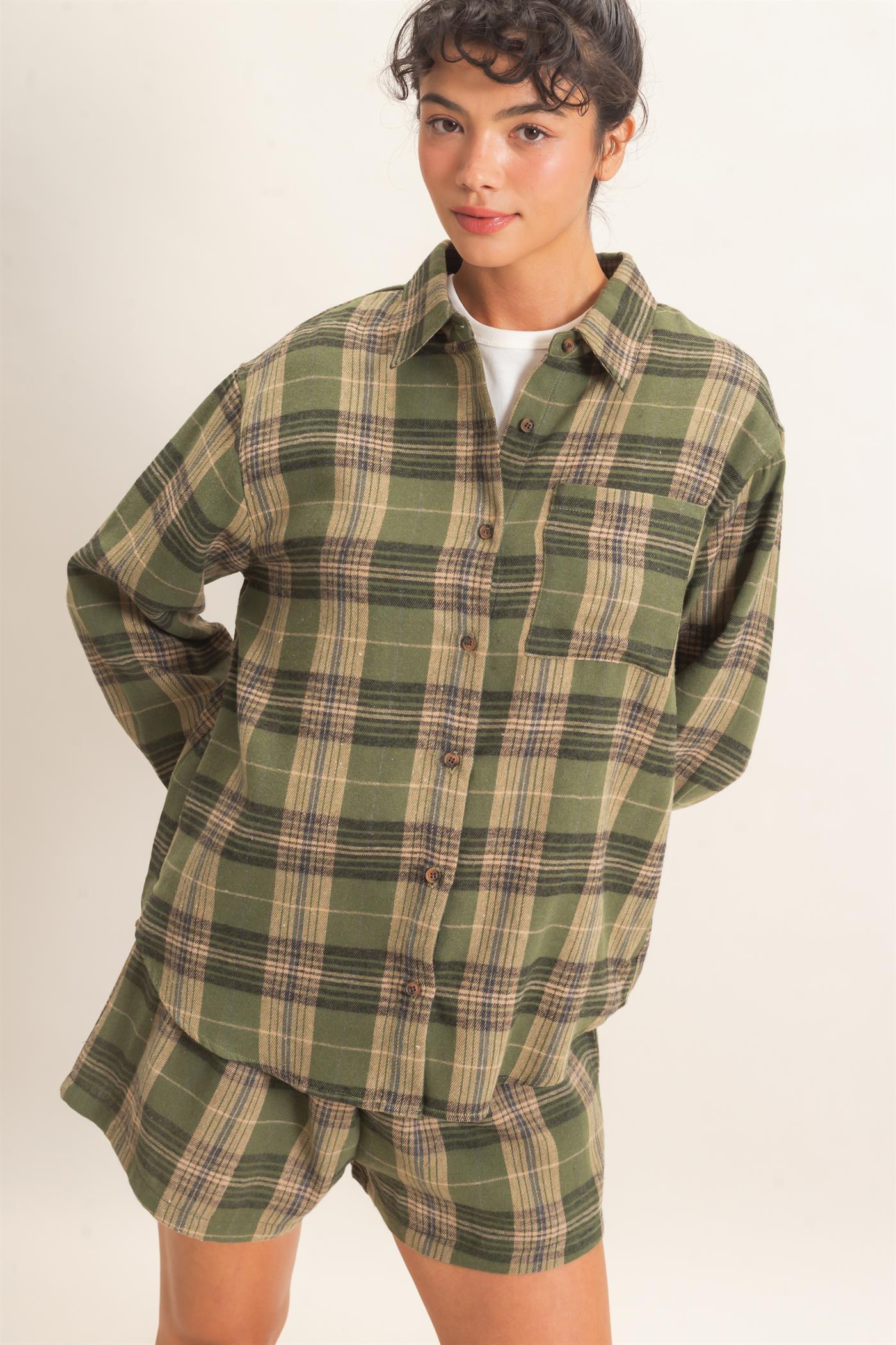 Wholesale Plaid Long Sleeve Shirt Shirts DZ26F275 OLIVE DOUBLE ZERO