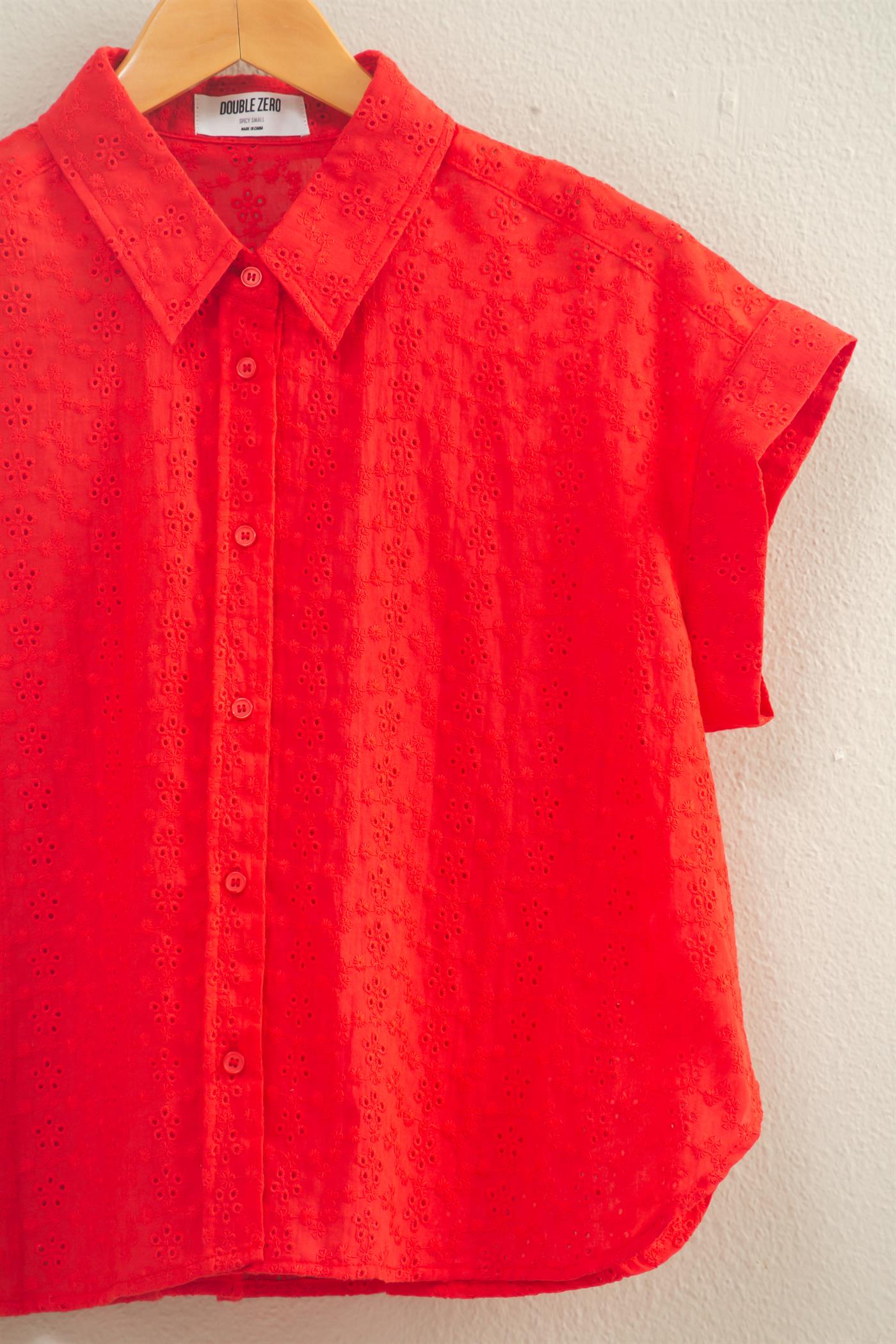 Wholesale Eyelet Dolman Short Sleeve Button Up Shirt Clothing Tops DZ26C088 RED DOUBLE ZERO