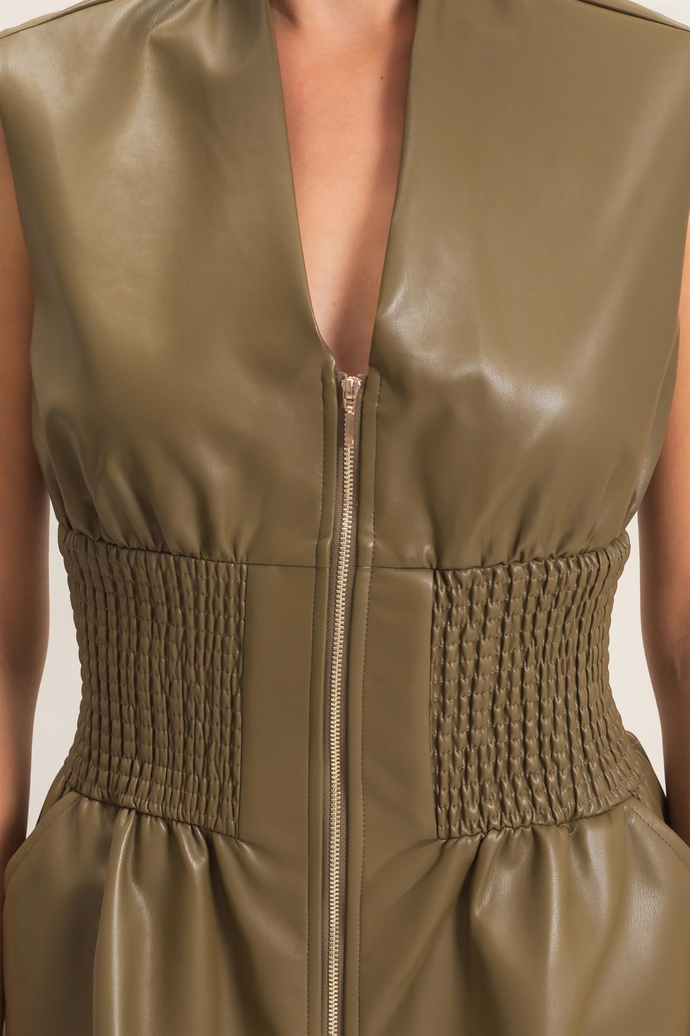 Wholesale Faux Leather Zip Front Dress Dresses HF26E364 DARK OLIVE HYFVE