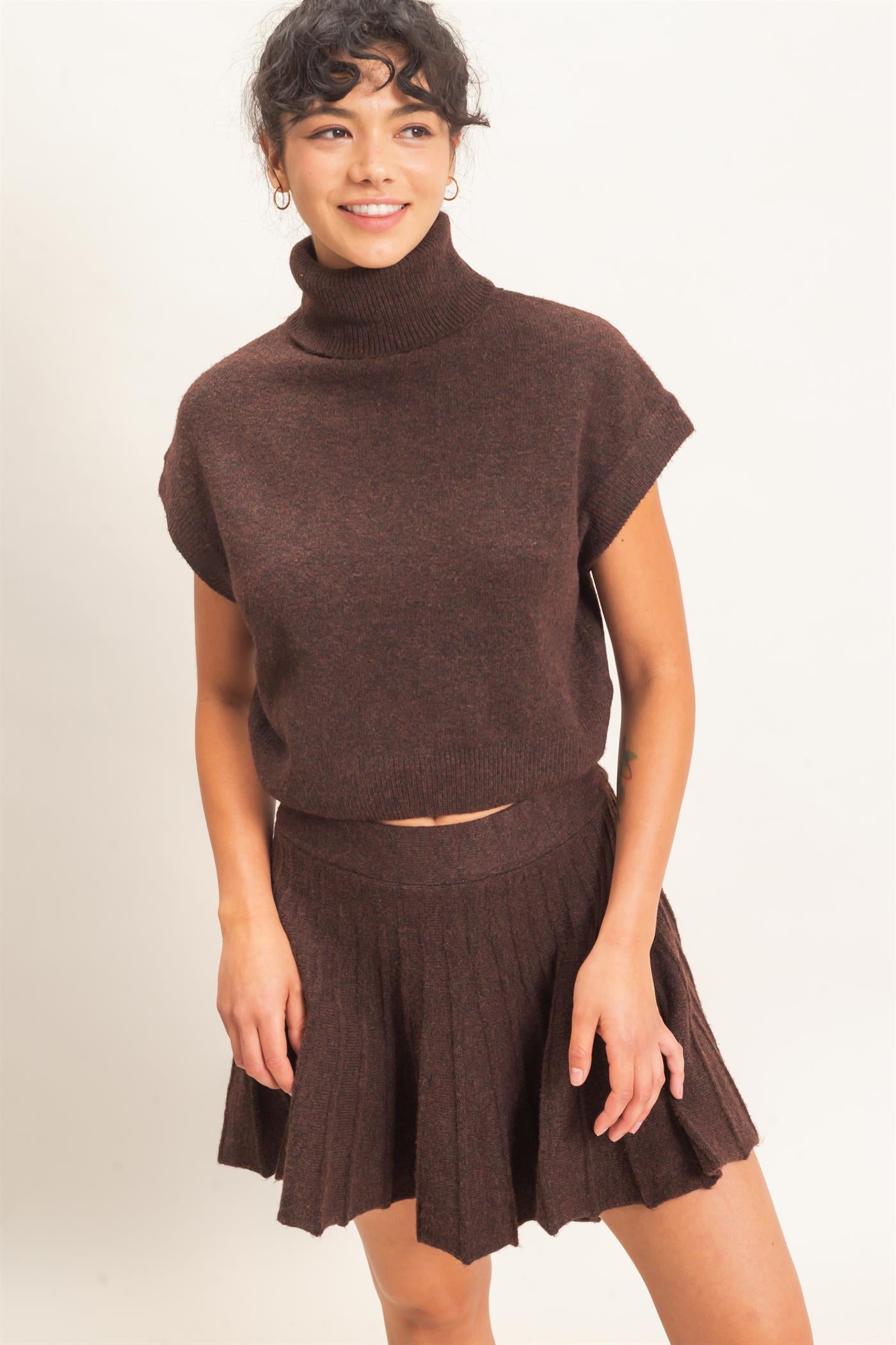 Wholesale Turtleneck Crop Top And Pleated Skirt Set Clothing DZ26C981-SET DARK BROWN DOUBLE ZERO
