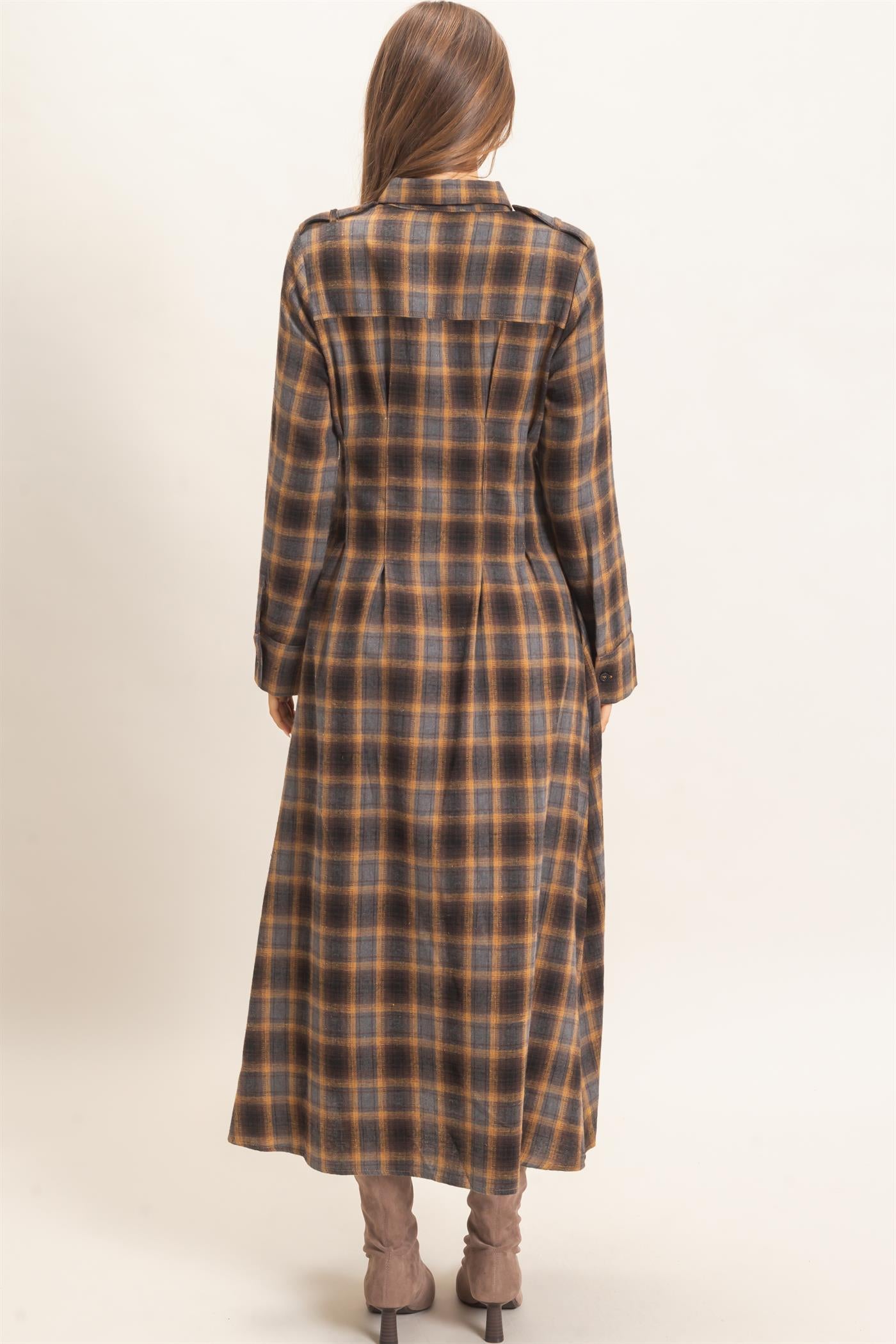 Wholesale Plaid Button-Down Maxi Dress Dresses HF26E999 MUSTARD HYFVE