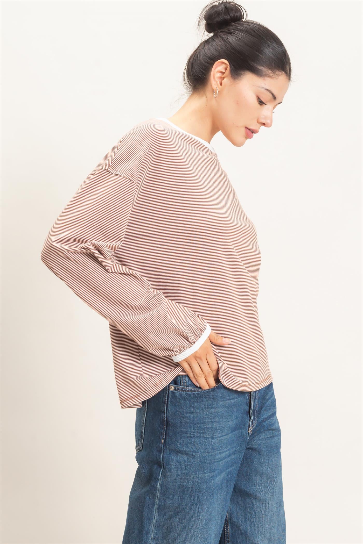 Wholesale Striped Boat Neck Long Sleeve Top Clothing Tops HF26E674 BRICK HYFVE