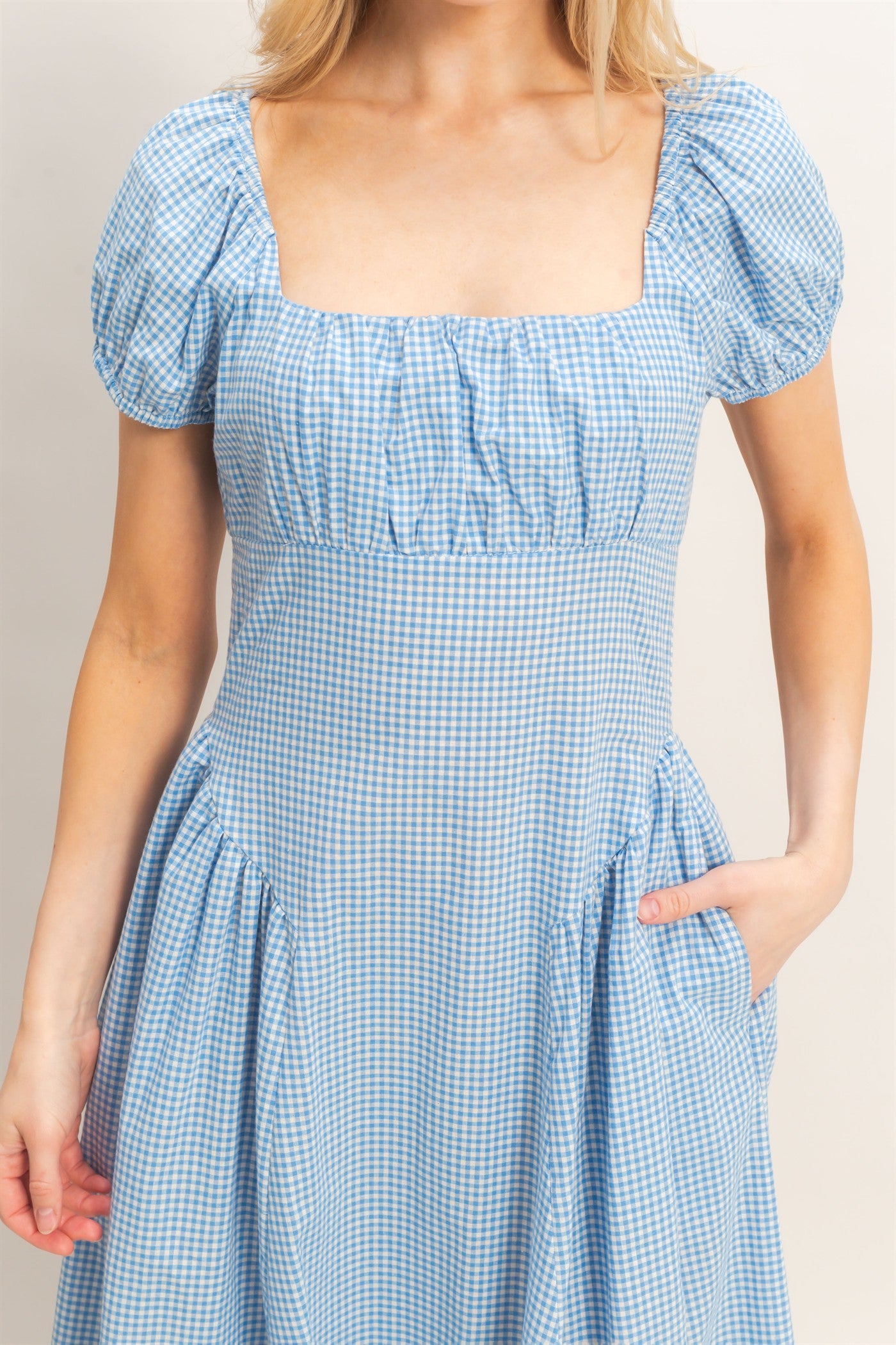 Wholesale Gingham Puff Sleeve Dress Dresses HF26A321 BLUE HYFVE