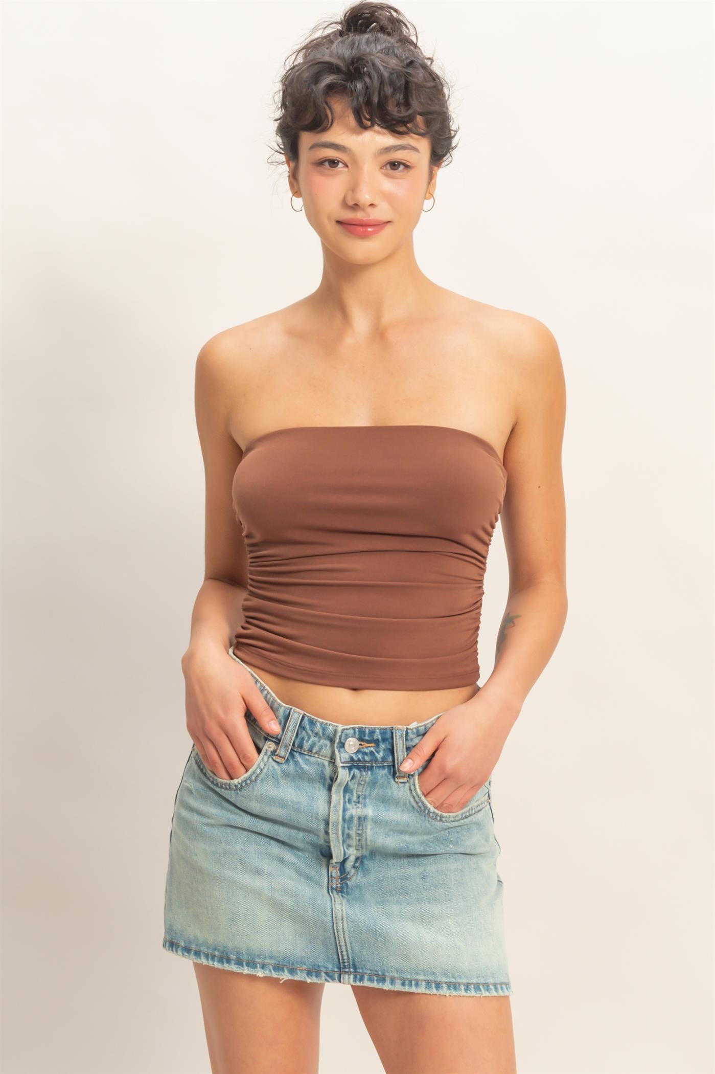 Wholesale Ruched Bandeau Top Clothing Tops DZ26C334 CHOCOLATE DOUBLE ZERO