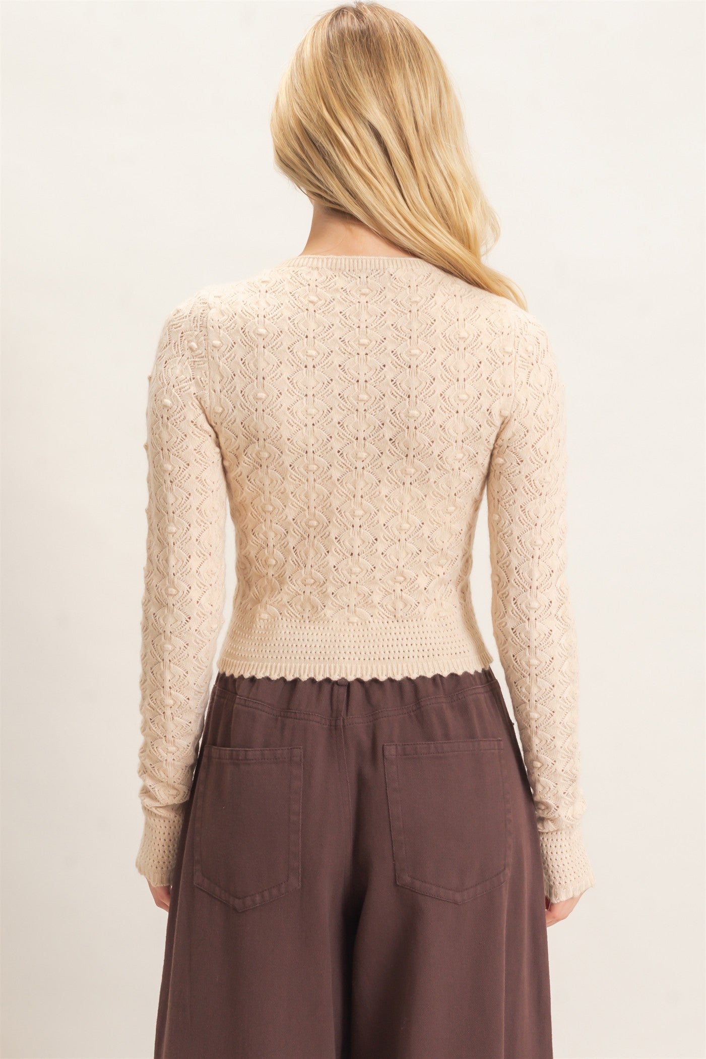 Wholesale Crochet Scalloped Hem Sweater Sweaters HF26F195 TAUPE HYFVE
